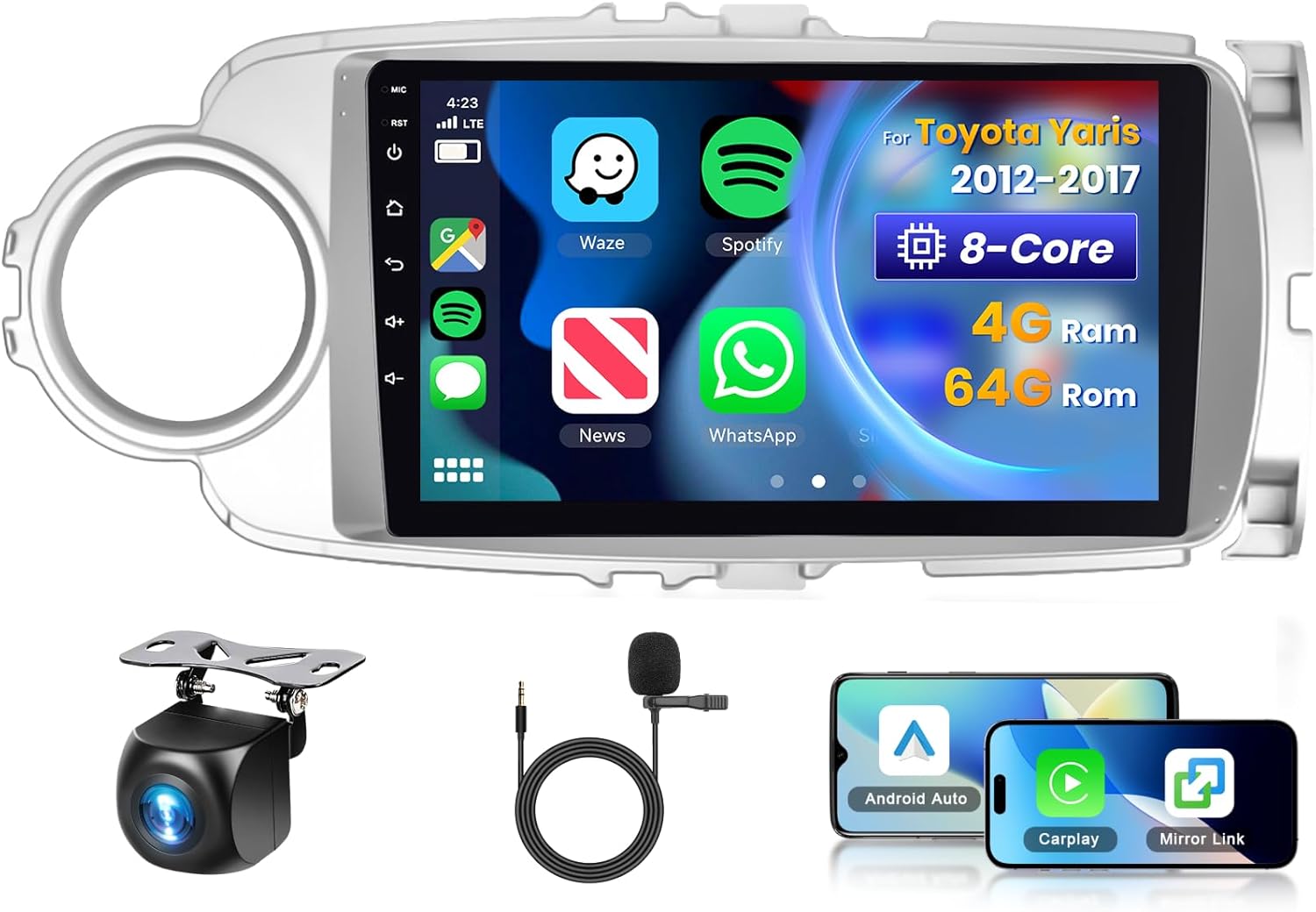 [8 CORE 4G+64G] Car Radio for Toyota Yaris 2012-2017 with Wireless Carplay/Android Auto, 9 Inch Android 13 IPS Touch Screen Car Stereo, Bluetooth, GPS, WiFi, SWC, DSP + Backup Camera