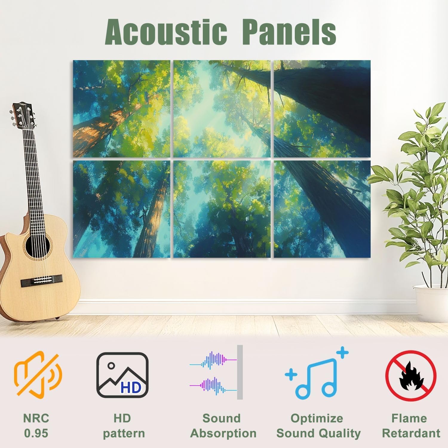 6 Pack Art Acoustic Panels Sound Absorbing Redwood Forest Tall Trees Sunlight Filtering Leaves Canopy Blue Sky Decorative Soundproof Wall Panels Self Adhesive for Recording Studios Office 72