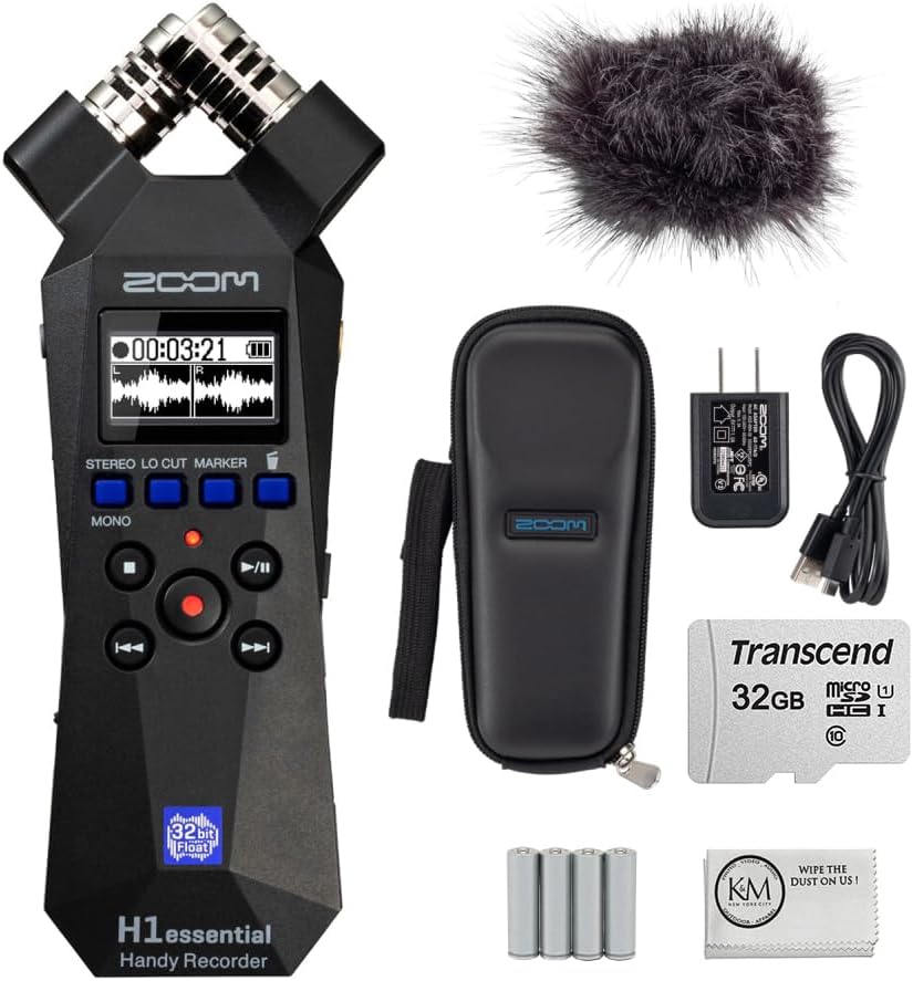 Zoom H1essential 2-Track 32-Bit Float Portable Audio Recorder Bundled with APH-1e Accessory Pack + 32GB Micro-SD Card + AAA Batteries + Cleaning Cloth (5 Items)