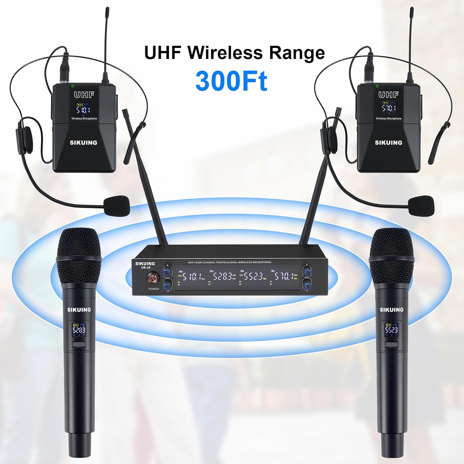4 Channel UHF Wireless Microphone System with Lavalier Headset Mics, 4x50 Adjustable Frequencies, Ideal for Karaoke Meeting Church, 300ft Range (2 Handheld 2 Bodypack)