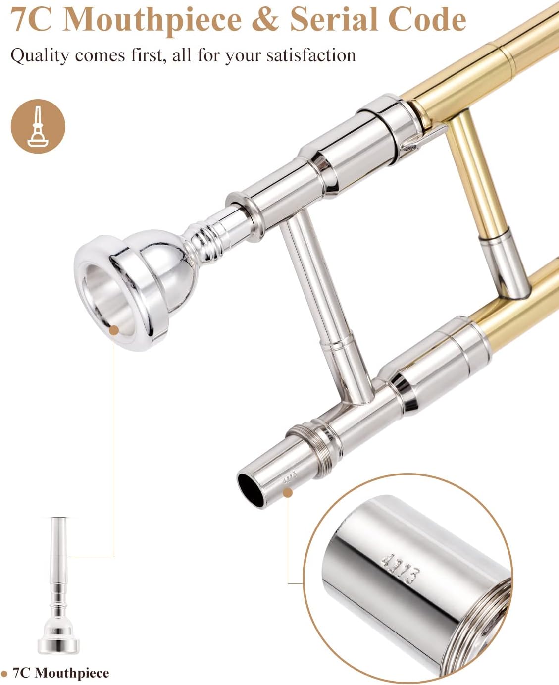 Eastar Bb Tenor Slide Trombone for Beginners Students, B Flat Brass Plated Trombone Instrument with Mouthpiece, White Gloves, Cleaning Kit, ETB-330, Golden