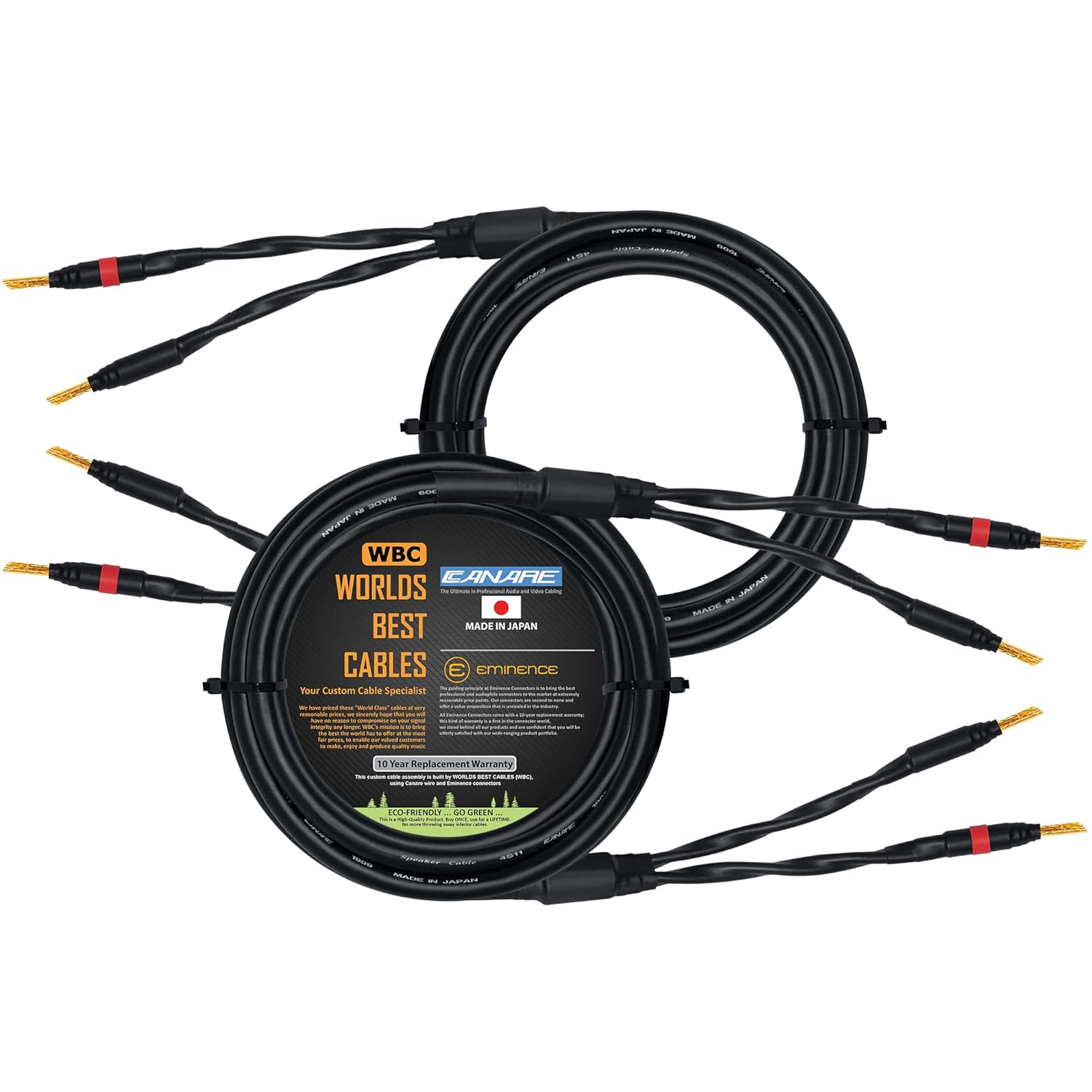 WORLDS BEST CABLES 15 Foot - Canare 4S11 – Audiophile Grade - HiFi Star-Quad Speaker Cable Pair with Eminence Gold Banana Connectors