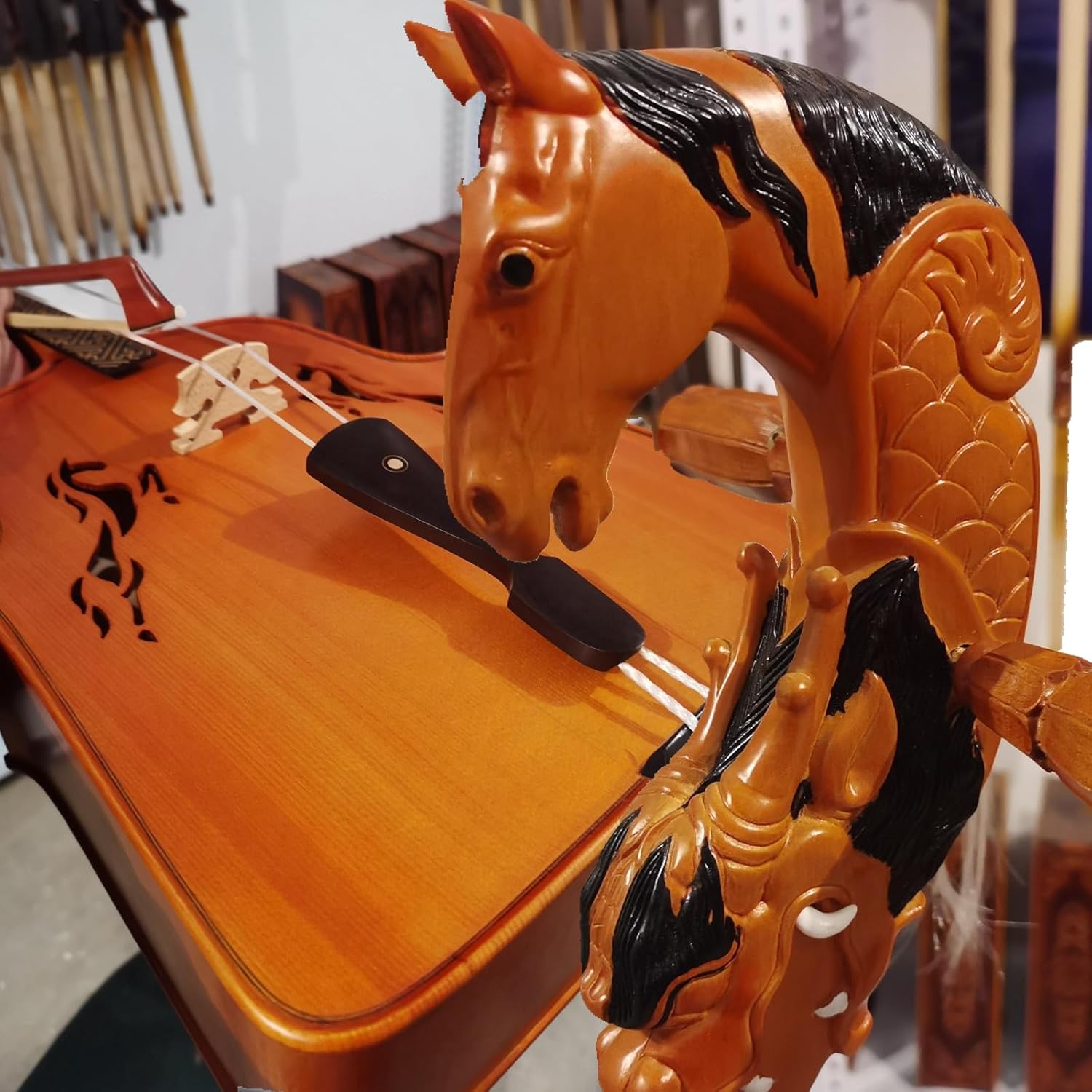 Professional Mongolian 2-string Horse Head Fiddle Horse Head String Instrument Morin Khuur Matouqin Huur Chaoer, Mongolian Cello with Bow. Padded Hard Case. #2995