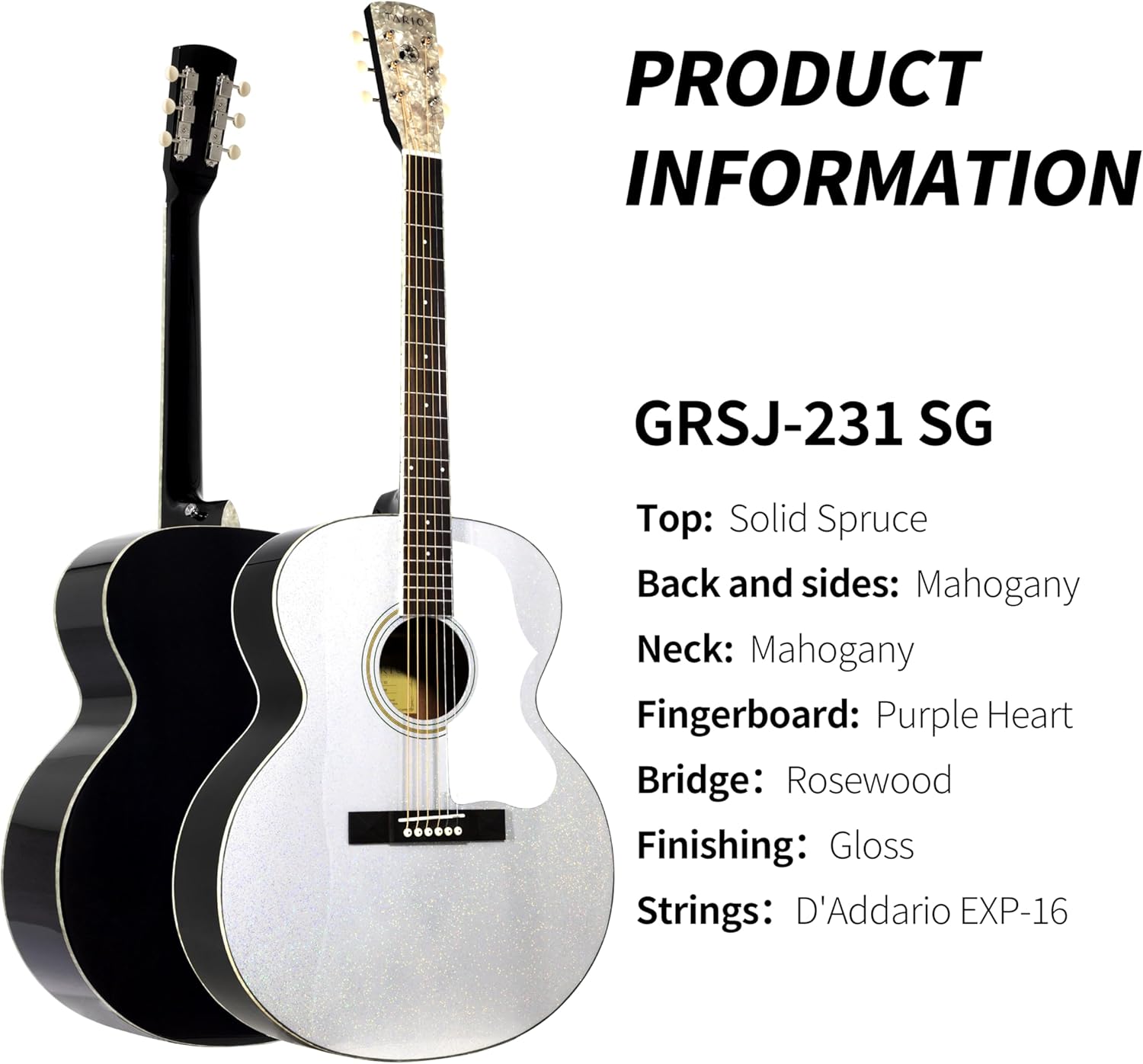 TARIO 42'' Acoustic Antique Jumbo Guitar Solid Spruce Top Mahogany Back and Sides Okoume Neck