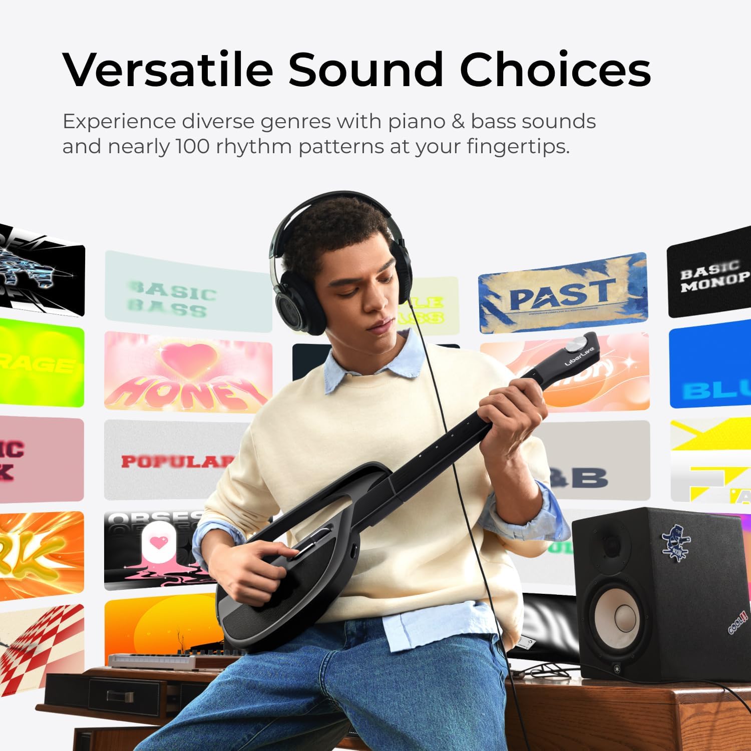 C1 Stringless Smart Guitar, Foldable Travel Backing Guitarra, Chord Generator, App Interactive Chord Sheets, Built-in Drum Machine & Bassline for One-Man Band, For Adults & Teens (Black)