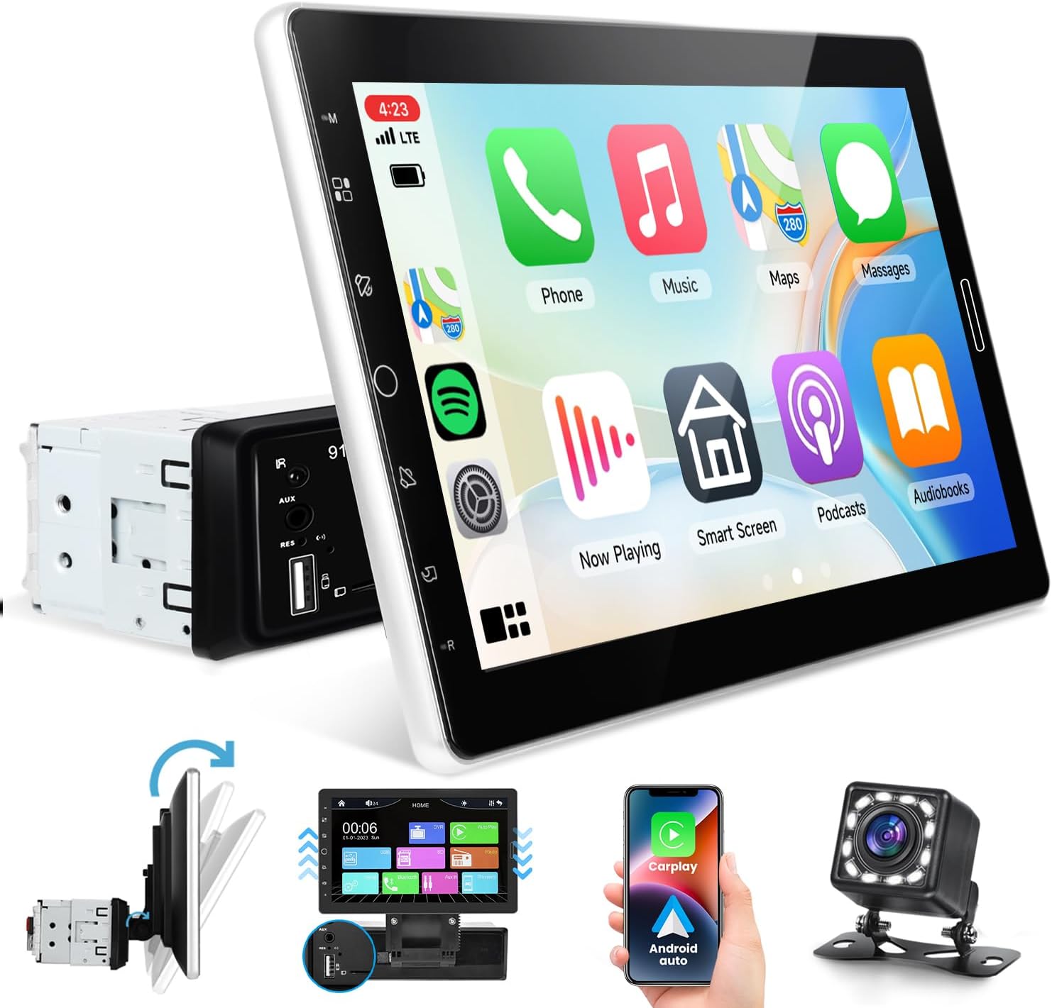 10.1 inch Single Din Car Stereo CarPlay Android Auto Mirror Link, Rimoody Detachable Touch Screen Car Radio with BT 5.0 FM/EQ USB/AUX/TF/SWC/MIC Car Audio Receiver Backup Camera