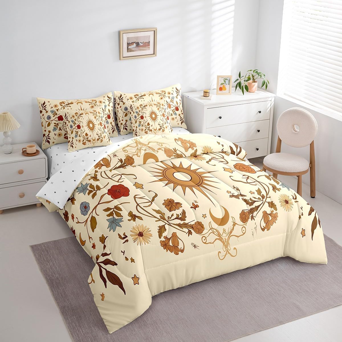 Erosebridal Vintage Floral Queen Bedding Set 7 Piece,Sun Moon and Stars Comforter Set for Kids Adults Room Decor,Boho Flower Bed Set Aesthetic Flowers Bed in a Bag with Fitted+Flat Sheet,Pillowcases