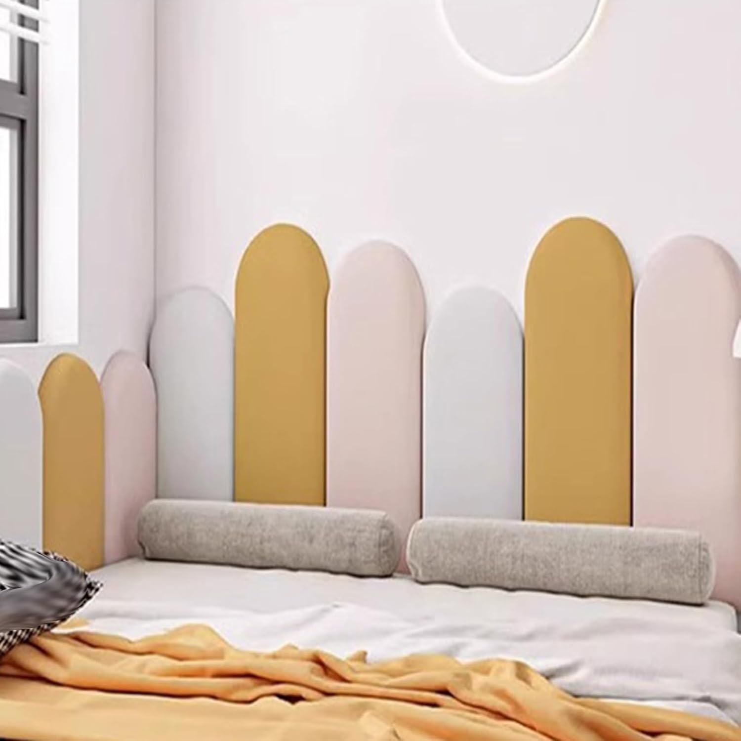 XPLKQXE Peel and Stick Upholstered Wall Panels, Wall Mount Upholstered Headboard, 3D Ant-i-Collision Wall Padding, Playroom Decorative Protection Wall Stickers(Green-B+White,180x60cm)