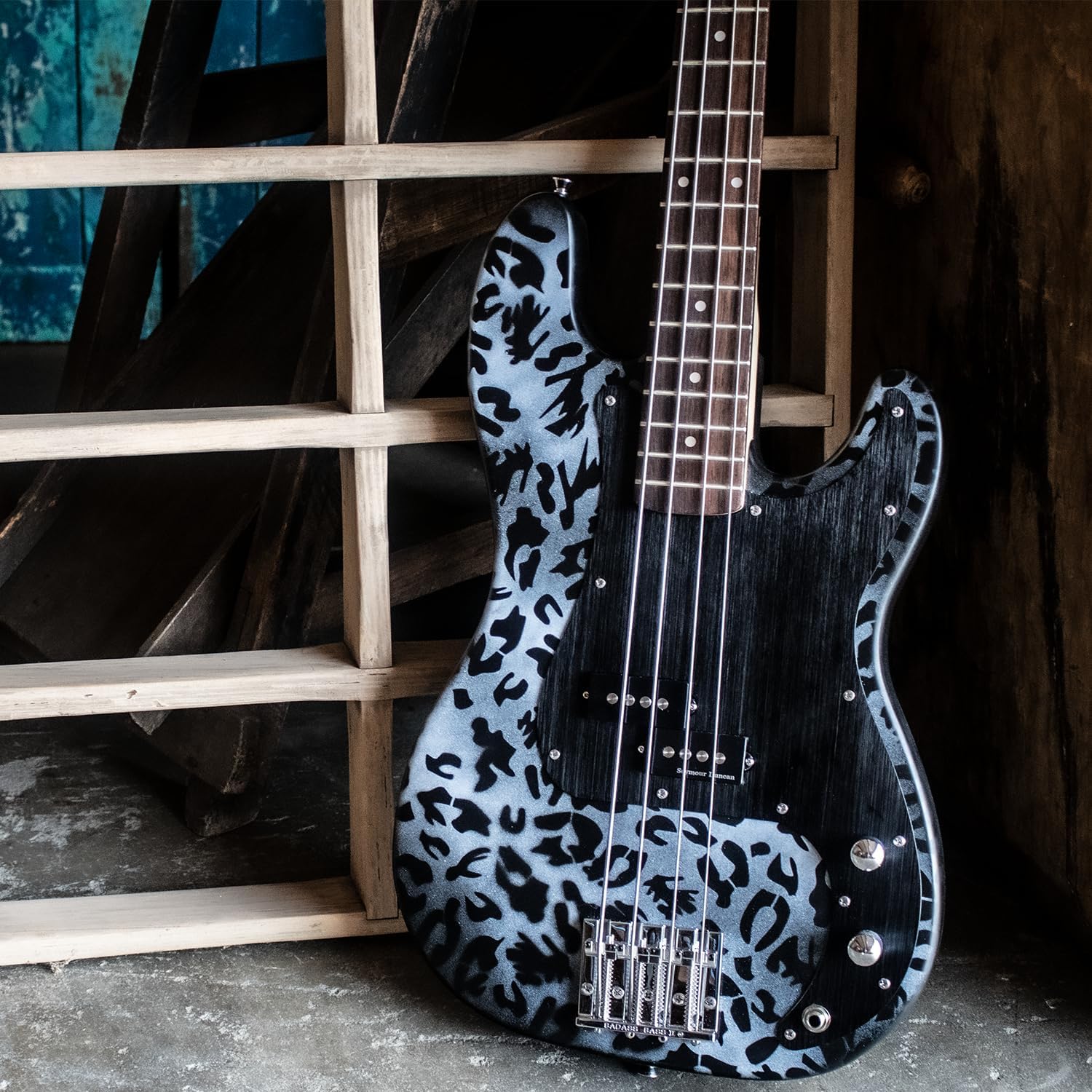 Sawtooth Johnny Martin Black and White Signature Leopard Skin Electric Bass Guitar w Padded Gig Bag