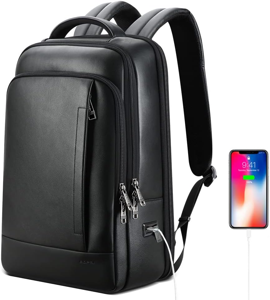 BOPai Genuine Leather Backpack for Men Multi-Function Backpack 15.6 inch Business Laptop Backpack Travel Smart Rucksack with USB Charging Anti Theft Backpack Office Black