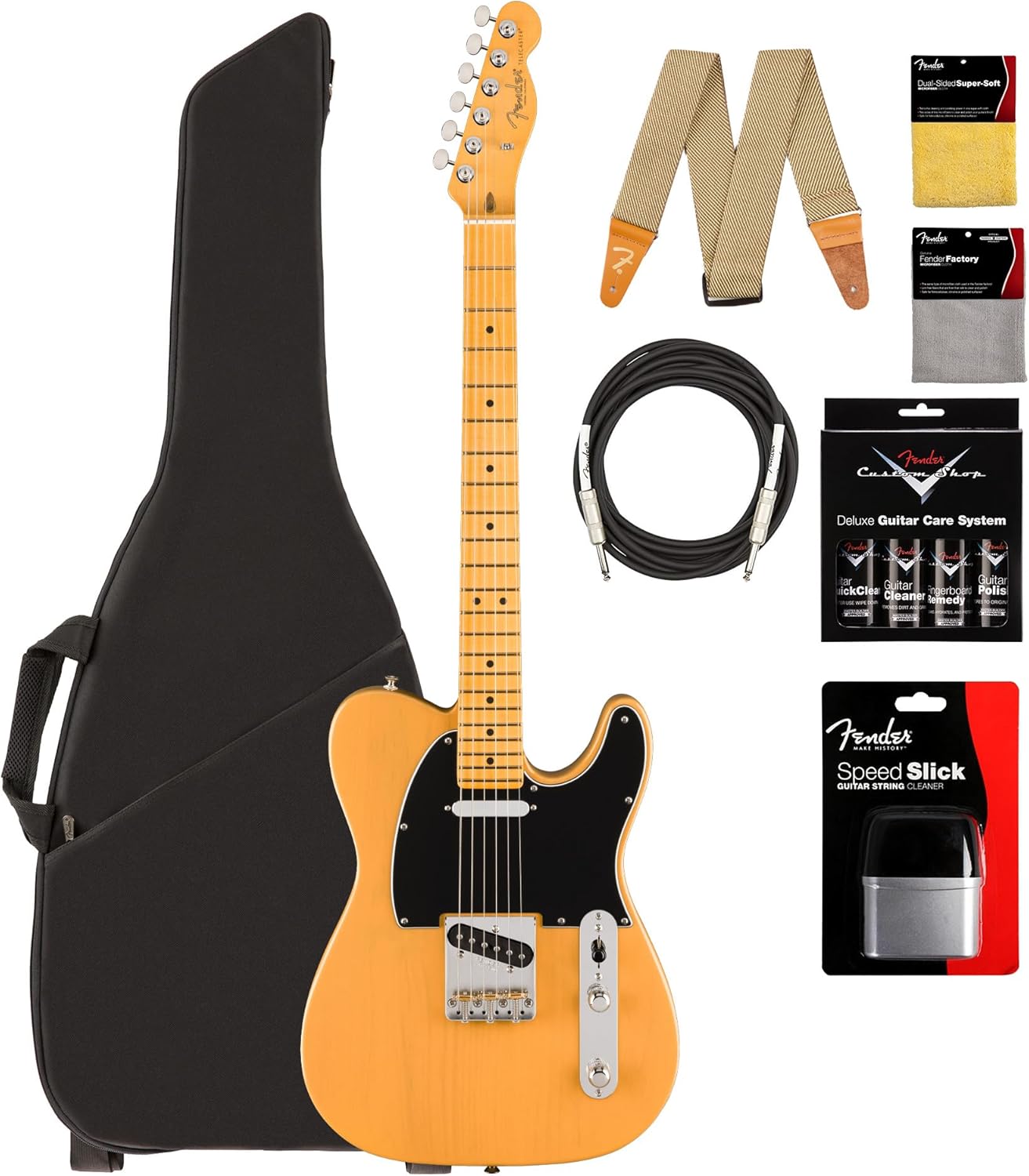 Fender American Professional Classic Telecaster - Butterscotch Blonde Bundle with Gig Bag, Strap, Cable, and Guitar Cleaning Kit