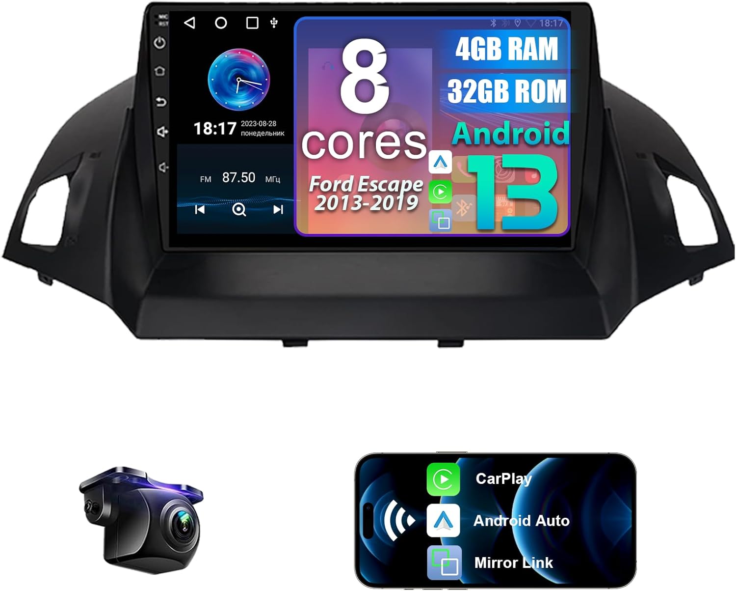 8 Core 4+32G Car Radio for Ford Escape 2013-2019 with Wireless CarPlay & Android Auto, 9
