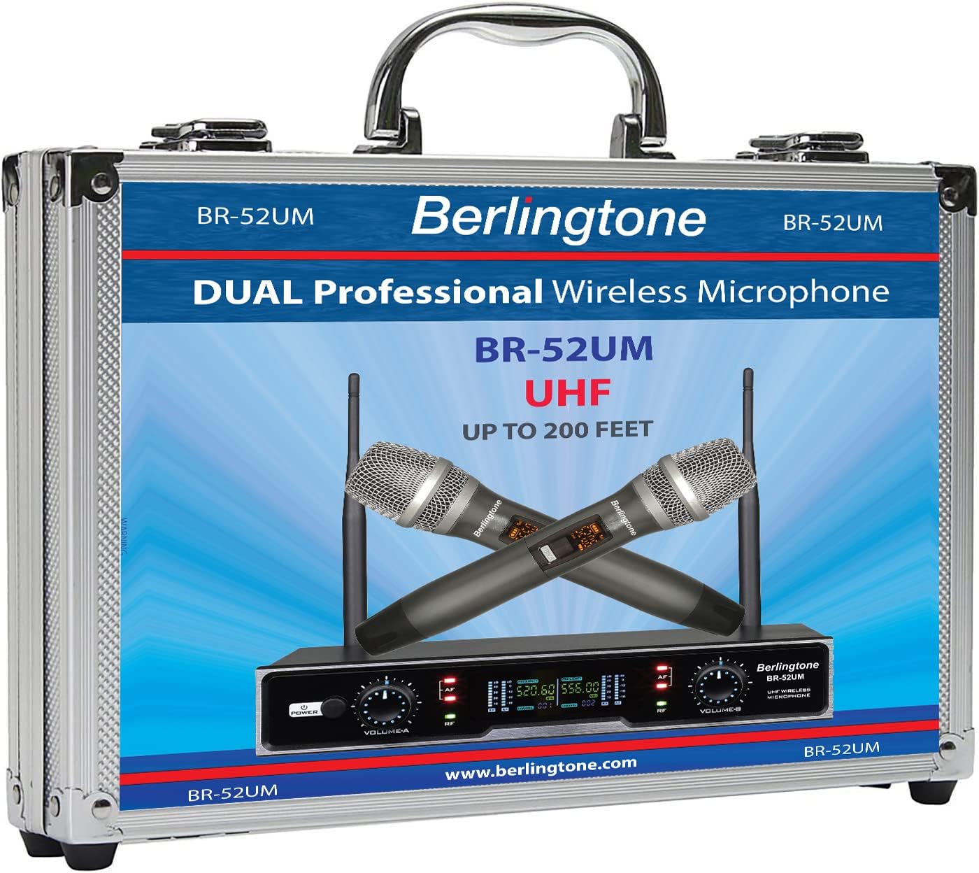 Professional Dual Dynamic Handheld UHF Wireless Microphone System, Metal Microphone and Base, for Singing, Karaoke, Church, Wedding, Meeting, up to 260ft Range (BR-52UM)