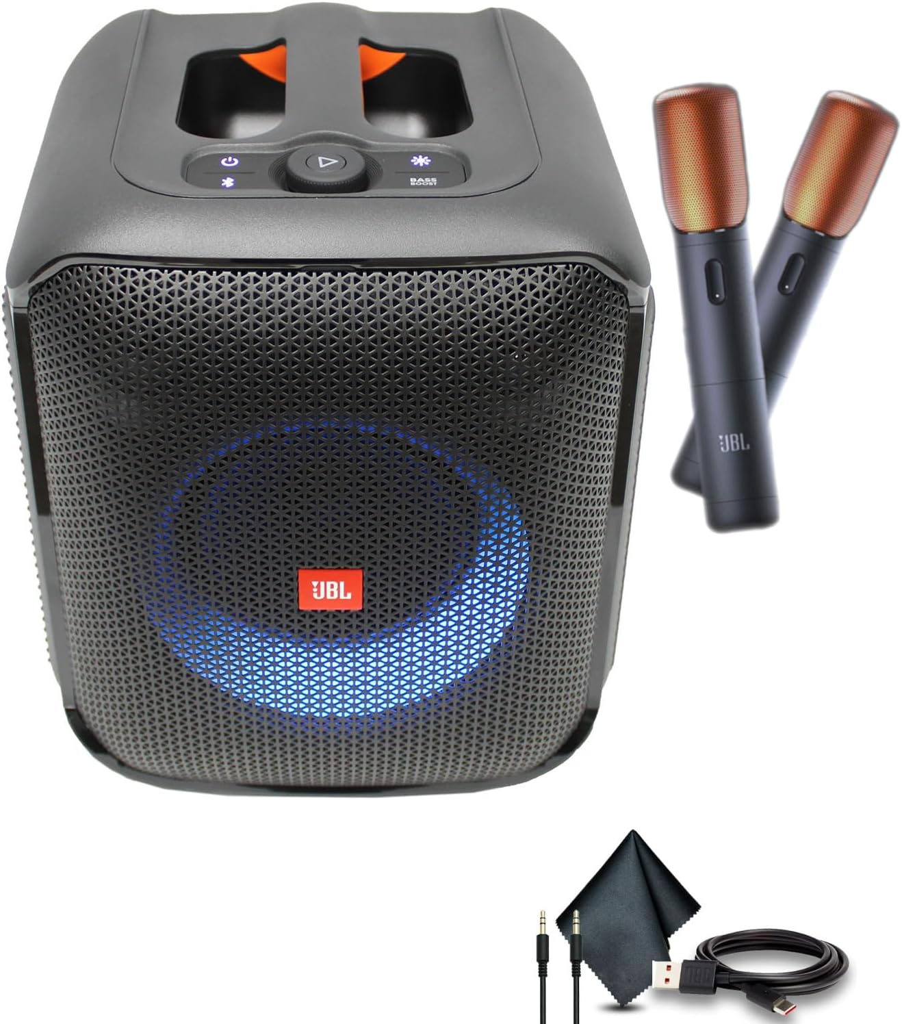 JBL Partybox Encore Speaker, 100W Sound, Built-in Dynamic Light Show, and Splash Proof Design with 2 Wireless Mics (JBLPBENCORE2MICAM) + AUX Cable + USB-C Cable + More
