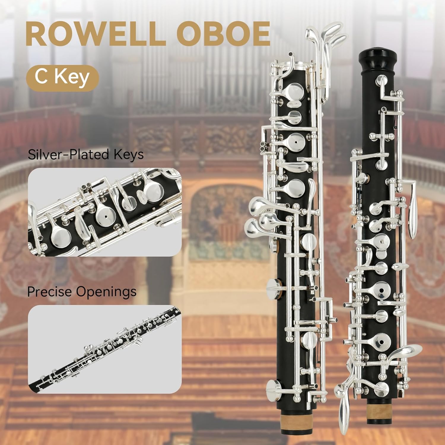 ROWELL Professional Oboe C-key Silver-plated Key Oboe Semi-automatic System Composite Wood Body Comes with Reed and Carrying Case Ideal for Beginners, School Bands, and Music Exams