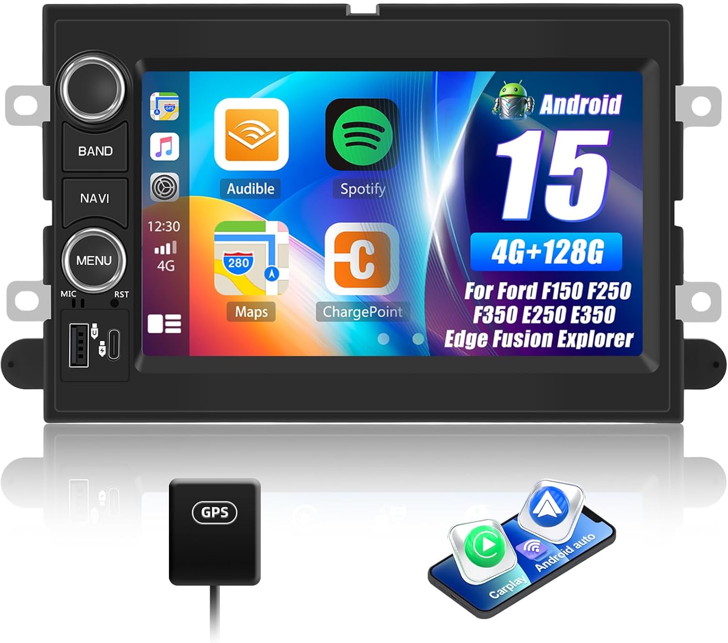 4G+128G Car Radio for Ford F150 F250 F350 E250 E350 Edge Fusion Explorer with Wireless Carplay Android Auto, 7 inch HD Touch Screen Car Stereo with Bluetooth GPS Navigation WiFi FM RDS SWC