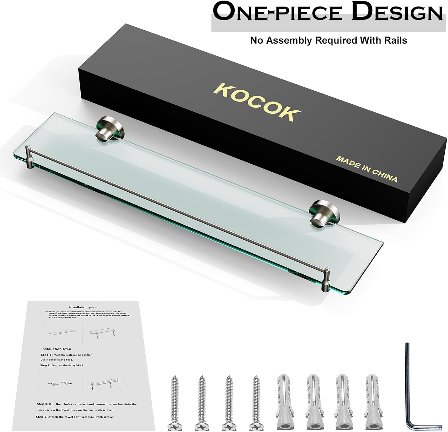 Glass Shelf for Bathroom 2 Pack,24-Inches Floating Glass Shelves Towel Bar/Track(Brushed Nickel)