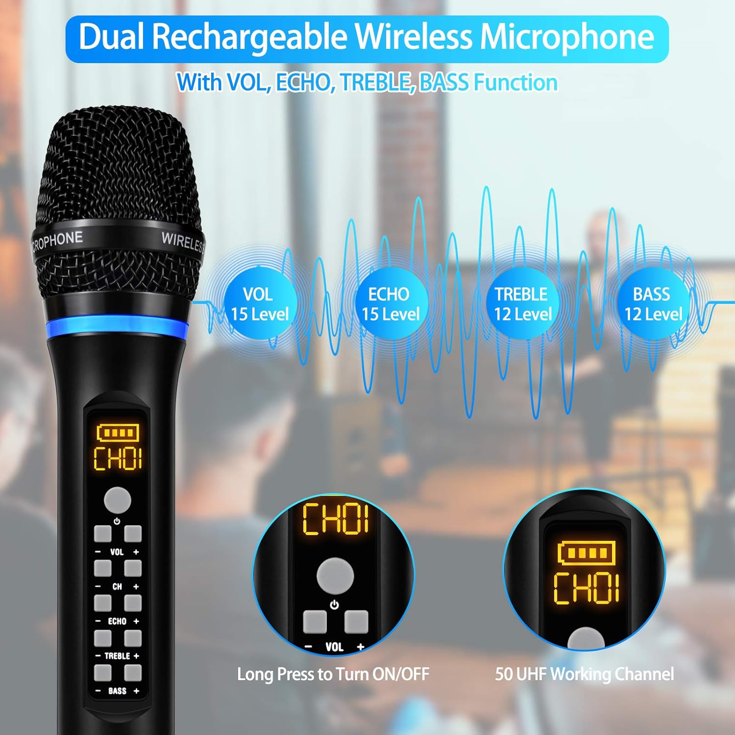 J10 Wireless Microphone Karaoke System Rechargeable, UHF Metal Cordless Microphone Handheld with Volume Echo Treble BASS Control and Receiver Box for Singing Karaoke Speech Meeting