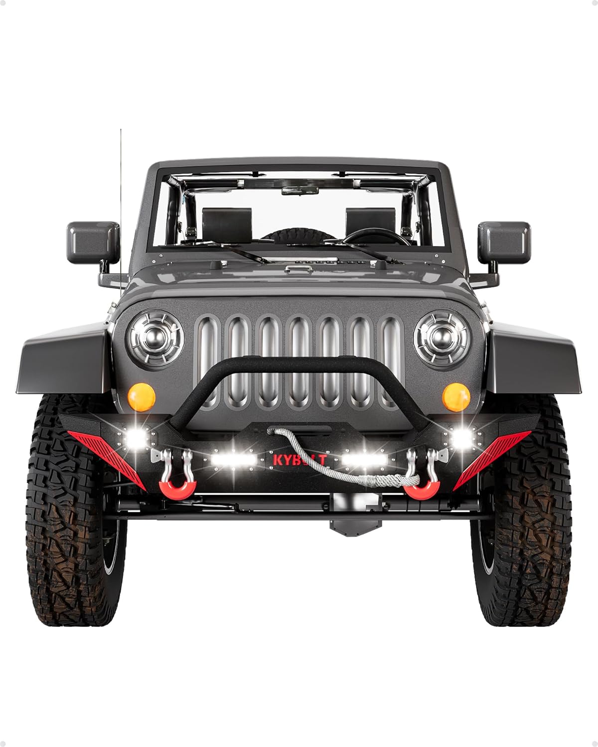 Front Bumper Compatible with 2007-2018 Jeep Wrangler JK/JKU Rock Crawler Off Road Bumper w/Winch Plate & 4 LED Lights & D-rings Paintable Armor