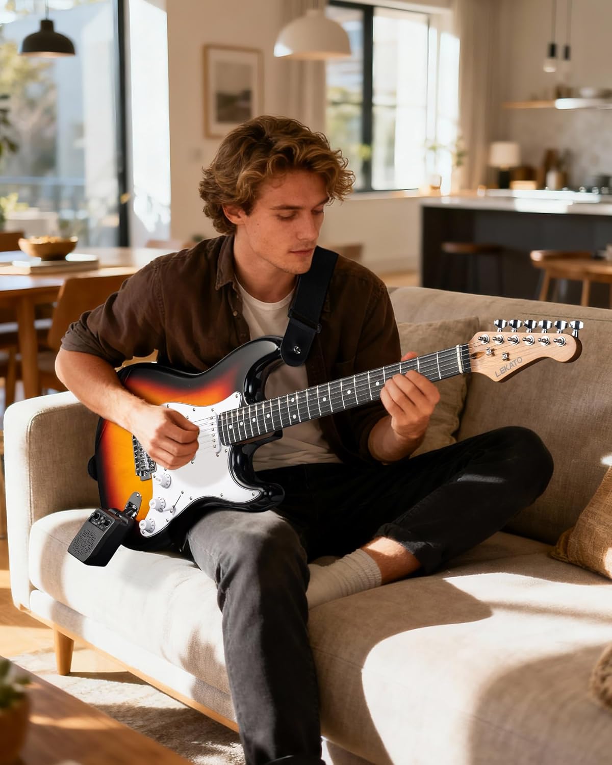 LEKATO Beginner Electric Guitar Kit Solid Body 39 Inch Full Size Guitar SSS for Starter with 5w Plug-in Amp, Bag, Tuner, Capo, Shoulder Strap, Picks, String, String Winder&Cutter - Sunburst