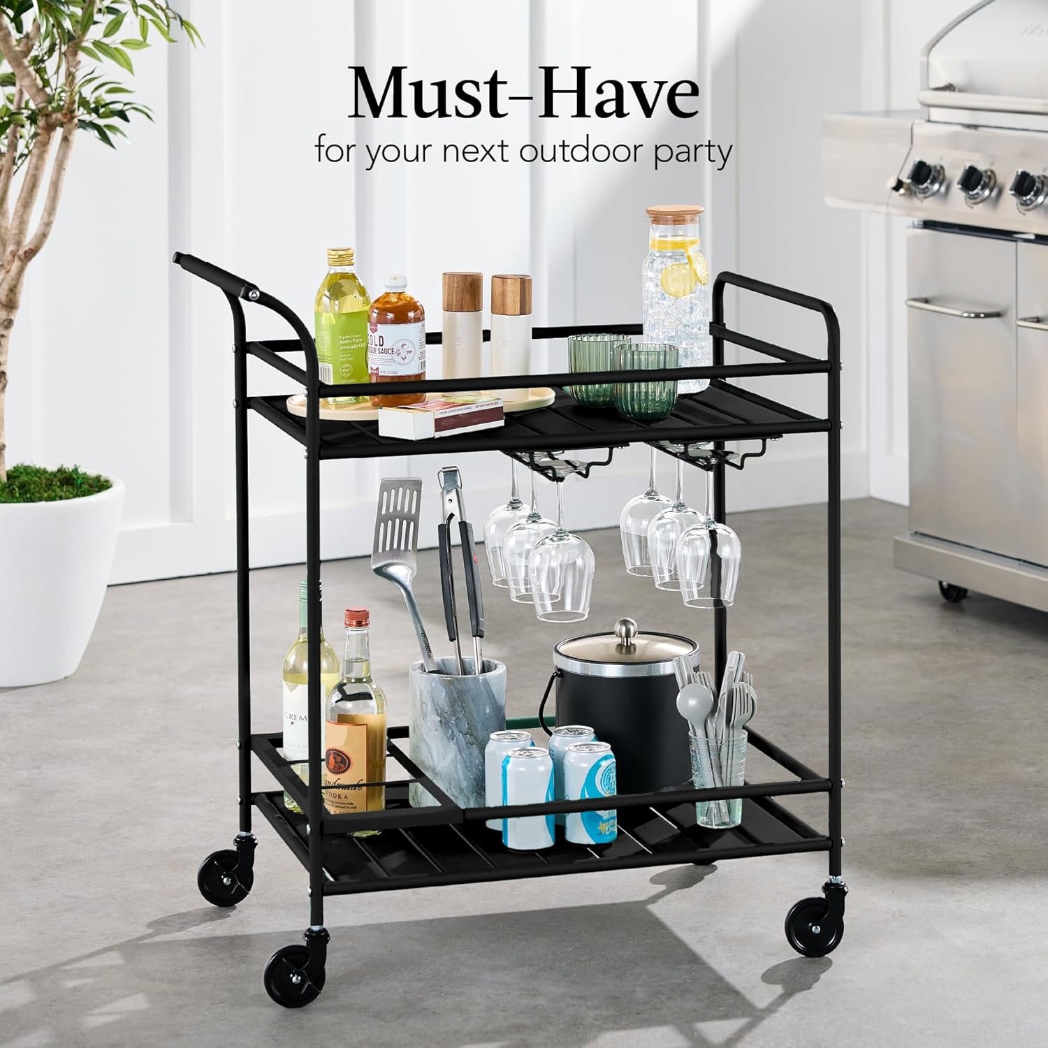 Best Choice Products Rolling Bar Cart, Mobile Home Bar Serving Cart, Serving Station w/ 2 Tier Shelves, Wine Rack, Lockable Wheels - Black