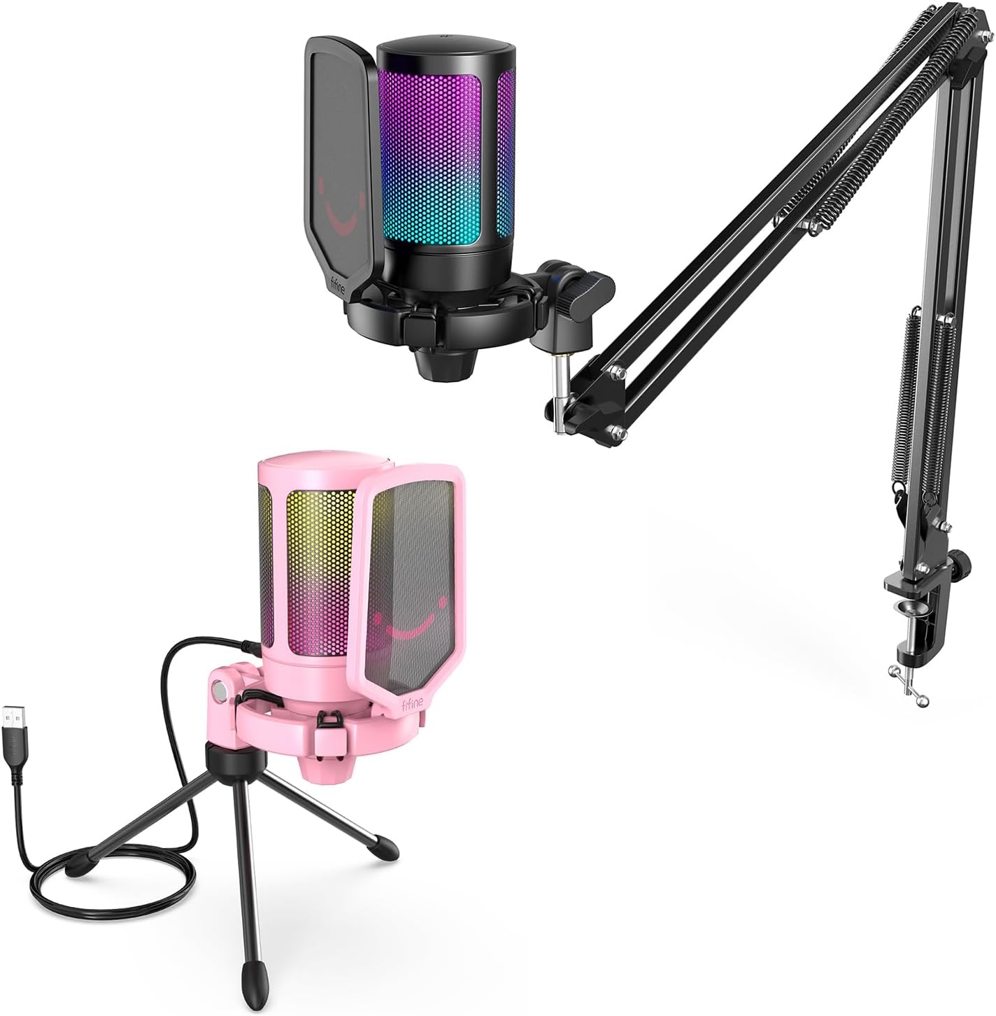 FIFINE Condenser USB Microphone Kit Set, Gaming Computer PC Mic for Streaming, Podcast, Recording, Video Creation, Music with Gain Knob, RGB Lights, Mute Button, Boom Arm, Pop Filter (A6T+A6VP)