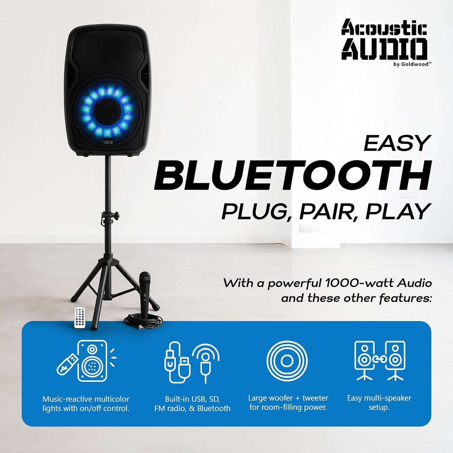 Acoustic Audio by Goldwood 1000W Bluetooth Speaker w/ Flashing LED, Large Plug-In PA System w/ Stand, Mic, & Remote for Karaoke, DJ, or Tailgate Party