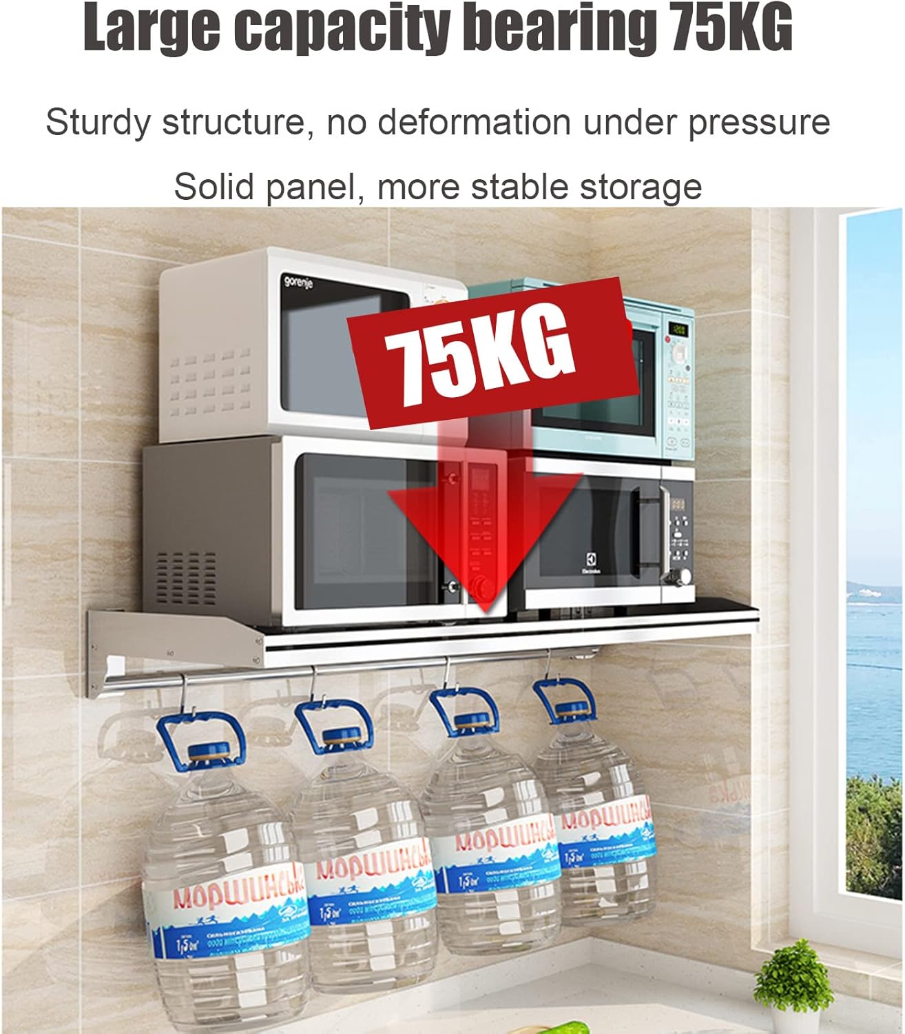 Stainless Steel Metal Shelving Microwave Oven Shelf, Wall Mount Multifunctional Shelving Stand Holder Kitchen Spice Rack, Bracket Bathroom Organizer Shower Caddy Storage, for Bar/Laundry/Garage