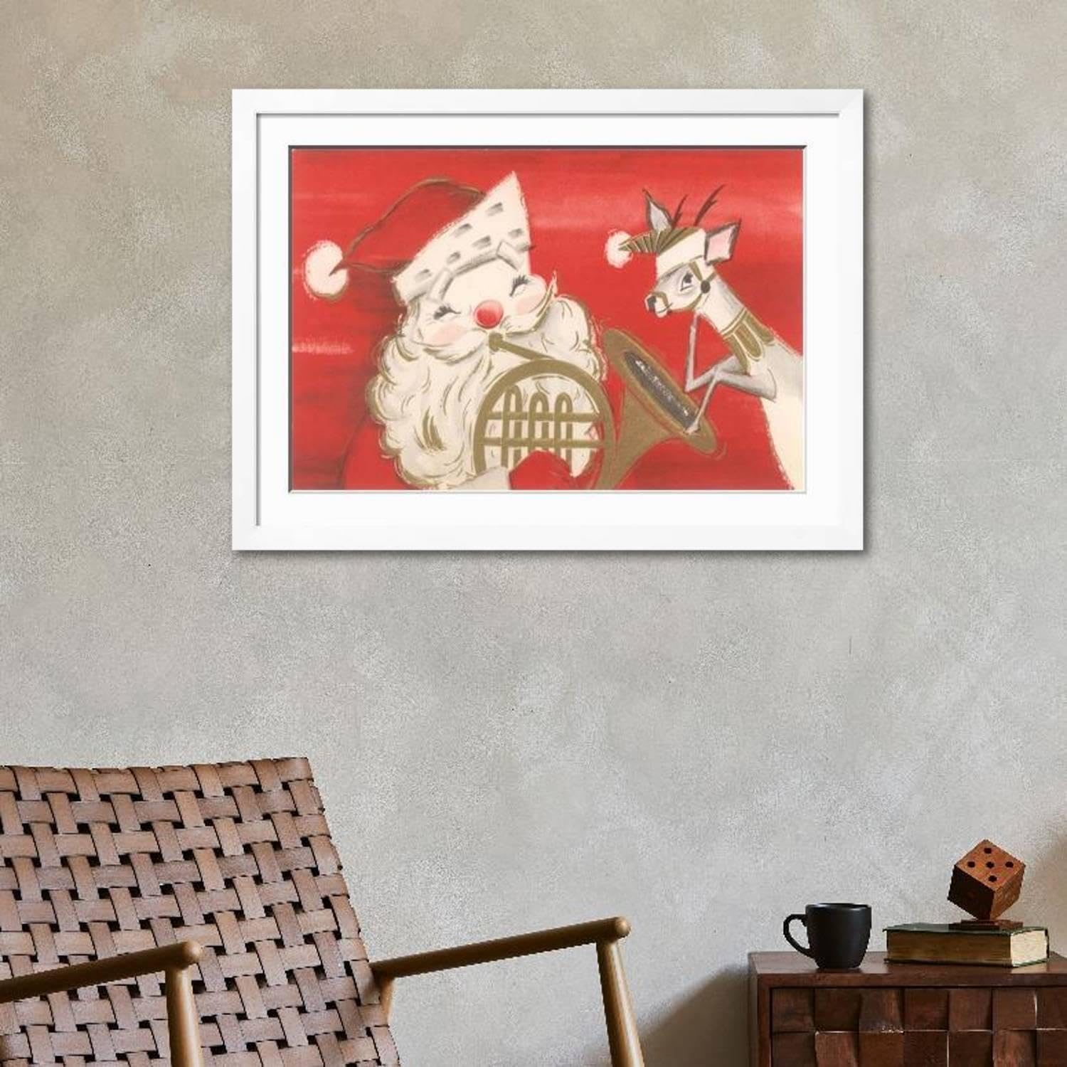 ART.COM Wall Art Print Reindeer, Santa with French Horn on White Frame, 44