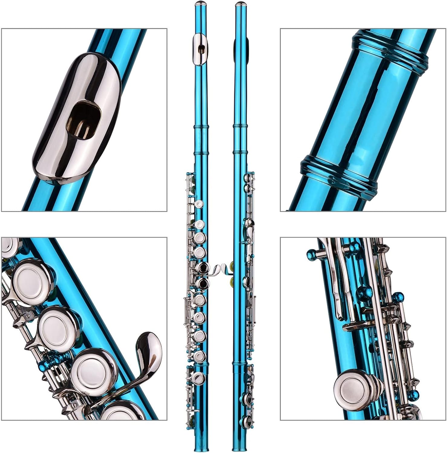 Flute Kit Closed Hole C Flute 16 Keys Cupronickel Nickel-Plated Wind Instrument with Carry Case Flute Stand Other Accessaries Intermediate Flute (Color : Blue Green)