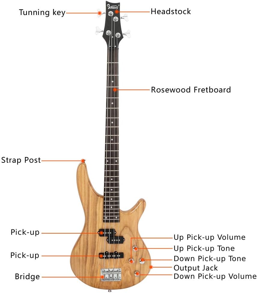 GIB Style 4 String Electric Bass Guitar, Right Handed Full Size Basswood Body with Rosewood Fingerboard, 34