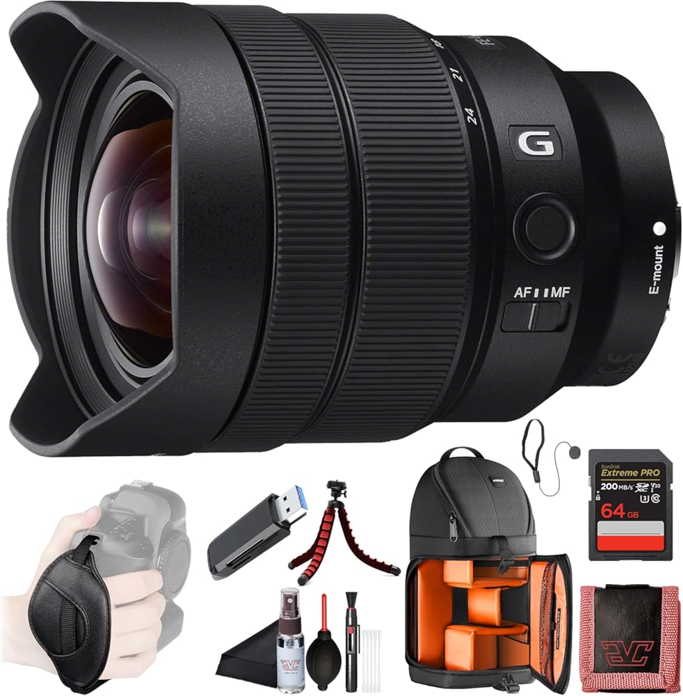 Sony FE 12–24 mm F4 G Ultra-Wide Zoom Lens (SEL1224G) Full-Frame E-Mount |Landscape & Architecture Ready | BackPack, 64GB Card, Card Reader, Flex Tripod, Cap Keeper, Cleaning Kit, Hand Strap, and More