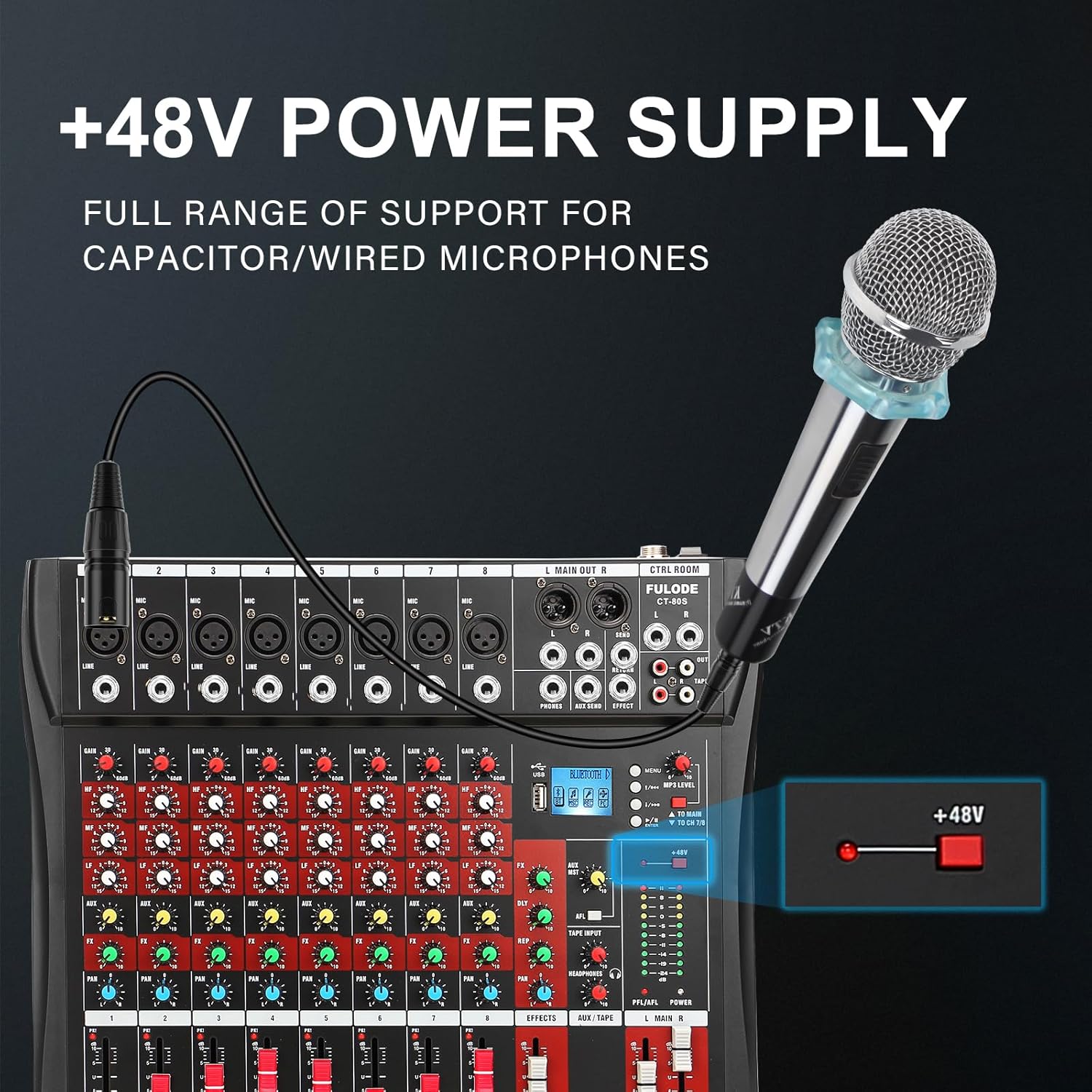 Audio Mixer 8 Channel, CT-80S Professional Sound System Mixer Board DJ Mixing Console with Reverb MP3 Player Bluetooth 48V Phantom Power Supply USB Recording for Studio Karaoke Live Music