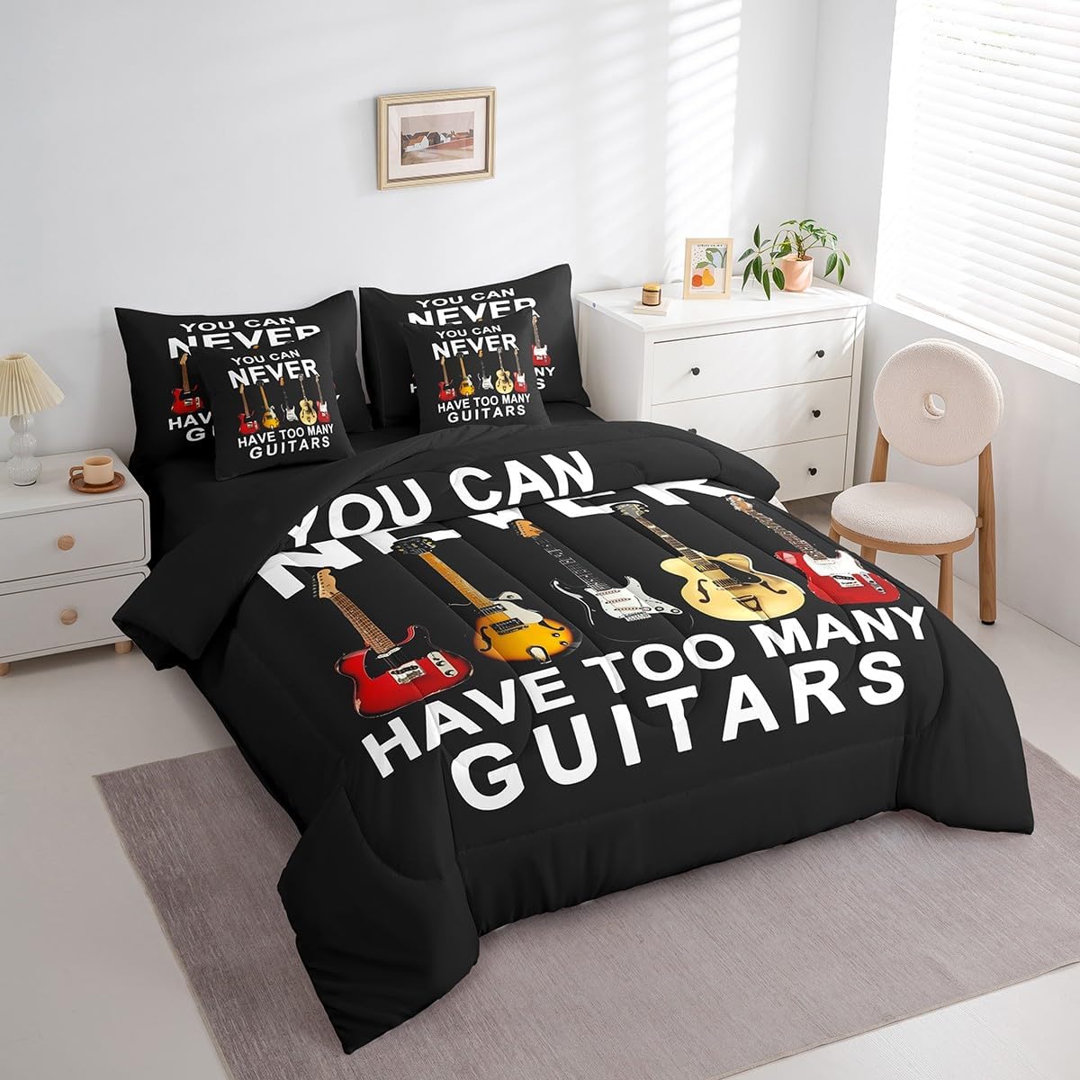 Erosebridal Guitar 7 Piece Comforter Set King Bed in a Bag,Music Themed Quilt Comforter for Kids Boys Girls,You Can Never Have Too Many Guitars Motto Bedding Set,Rock Bass Musical Instrument Sheets