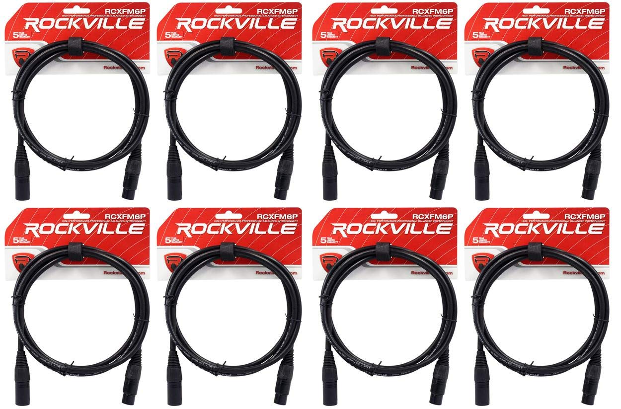 Rockville RCXFM6PB 6ft Female to Male XLR Microphone Cable in Black, REAN Connectors, 100 Percent Copper Conductors, for Studio and Live Sound, 8-Piece