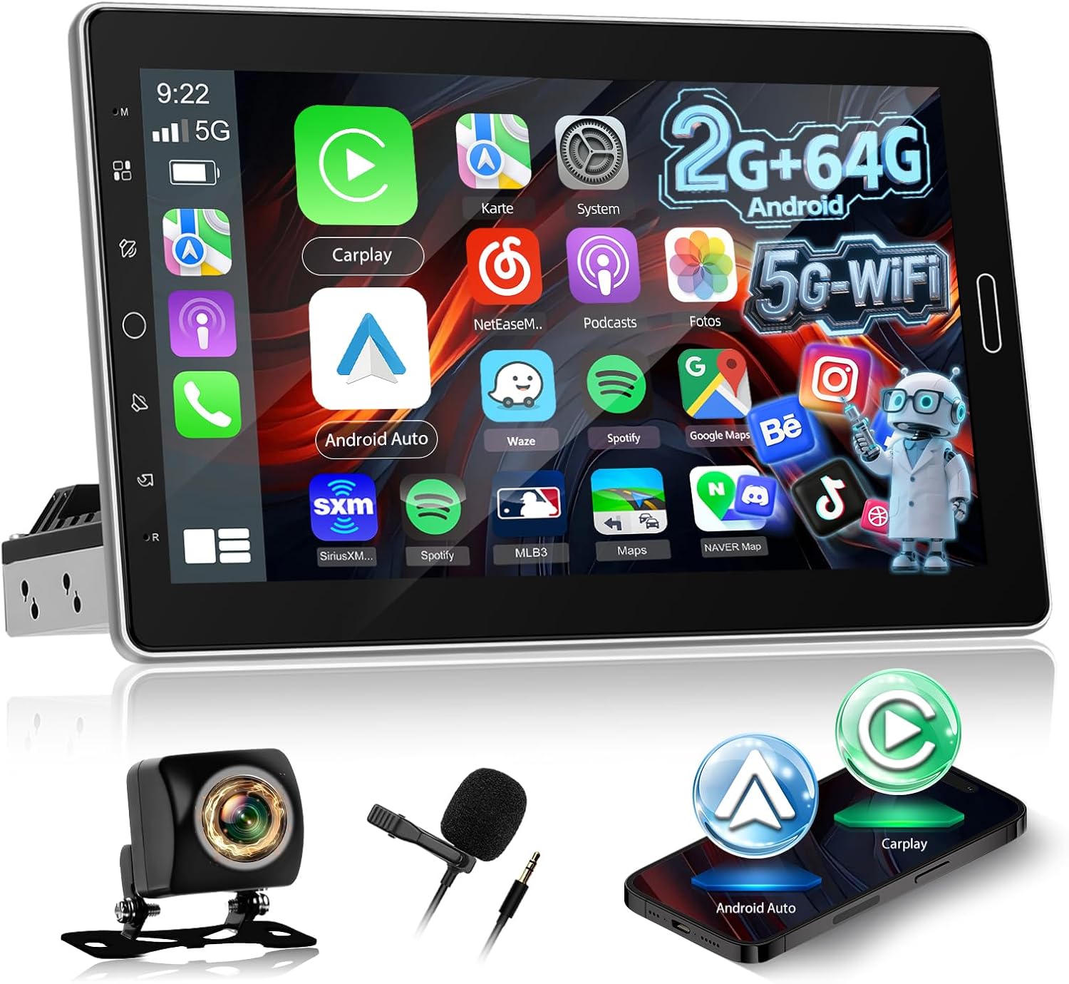 [2G+64G] 10.1 inch Android Single Din Car Stereo Vertical Rotatable 10 inch Touch Screen Radio with Carplay/Android Auto/Bluetooth/EQ Audio/SWC/FM RDS Radio