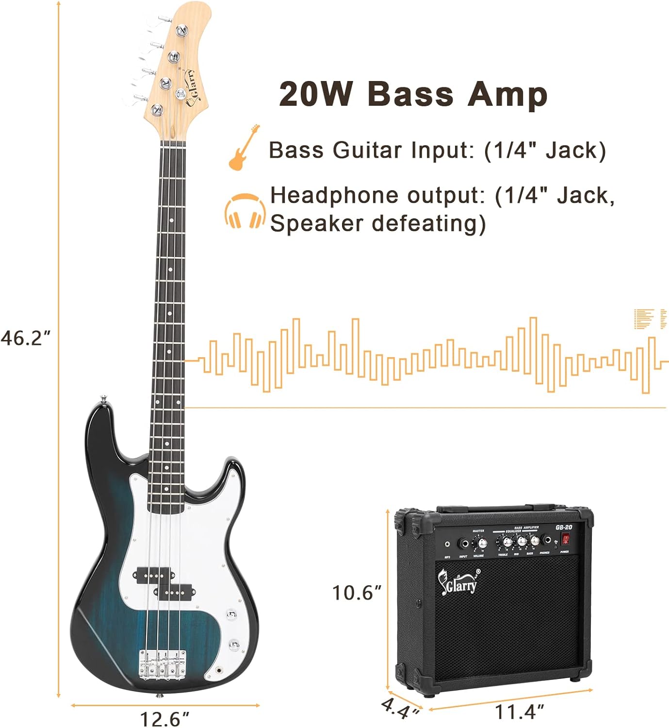 GLARRY Full Size Electric Bass Guitar Beginner Kit 4 String Exquisite Basswood Bass with 20W AMP, Cable, Strap, Bag and Accessories (Dark Blue, 39