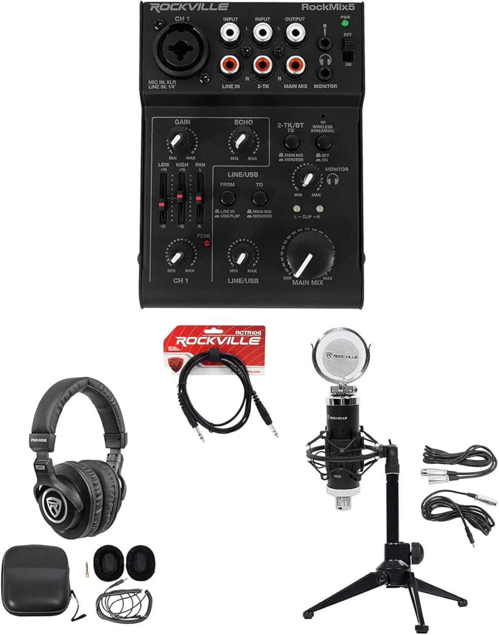 Rockville RockMix 5 Recording Kit: USB Interface Mixer for 1-Person Podcast, RCM03 Condenser Microphone w/Shock Mount, PRO-M50 Headphones, RDTS Stand, RCTR106B 6 ft TRS Cable, 5-Items