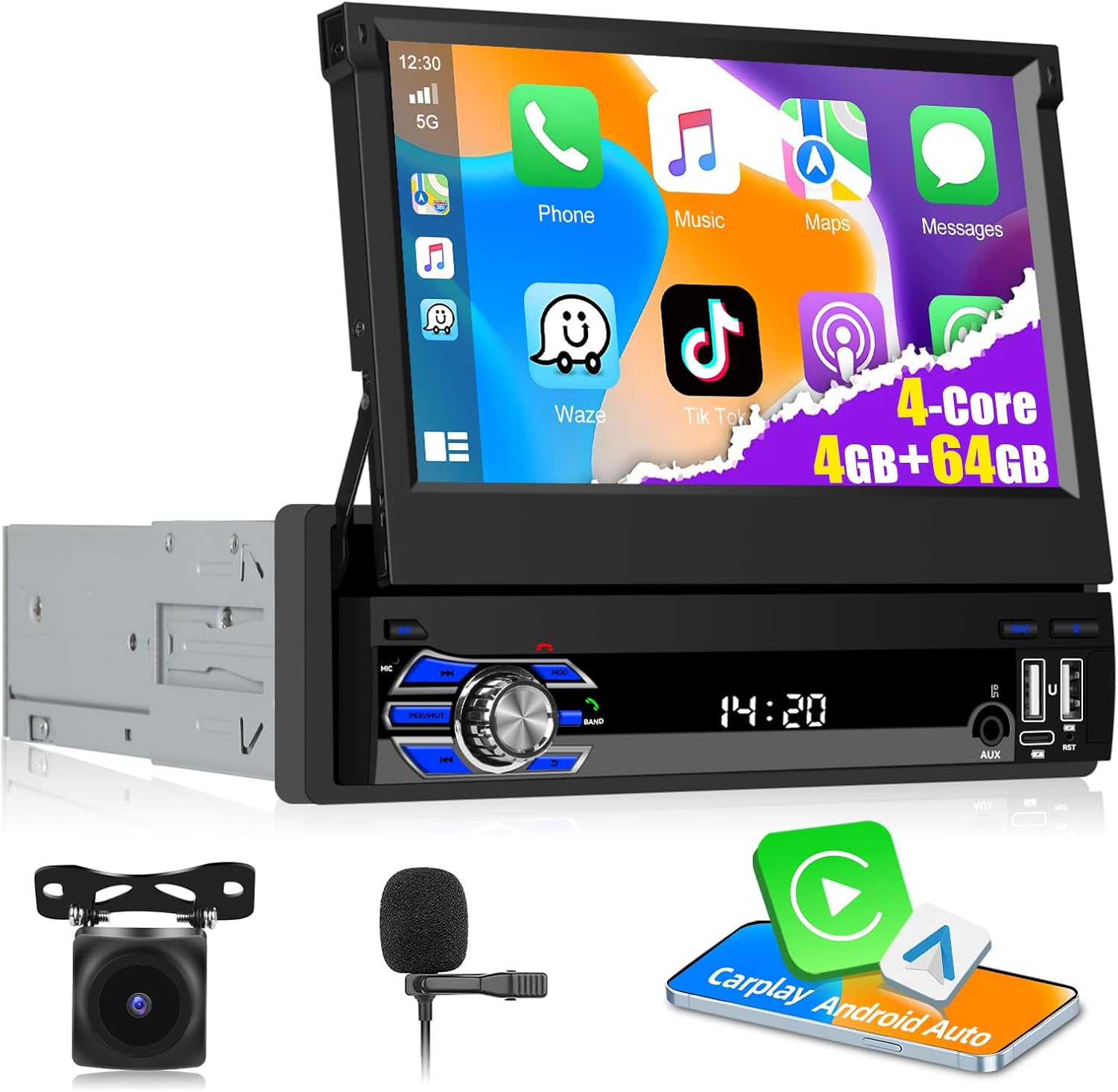 [4+64G] 7 Inch Wireless CarPlay Single Din Car Stereo Radio Touch Screen Bluetooth Audio with Android Auto GPS Navigation Mirror Link WiFi RDS Backup Camera MIC