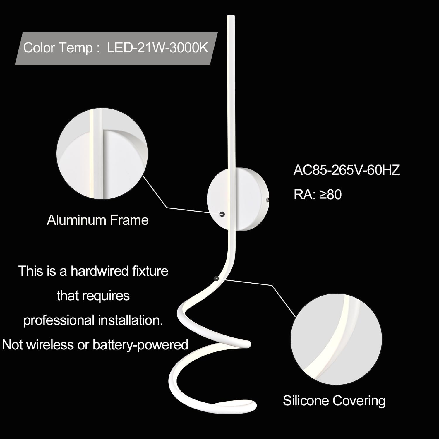 Wall Sconces Set of Two, White Modern Spiral LED Wall Light Fixtures, Hardwire Minimalist Indoor Wall Mount Lighting, Linear Sconces Wall Light Set of 2 for Living Room Bedroom Vanity Gallery Hallway