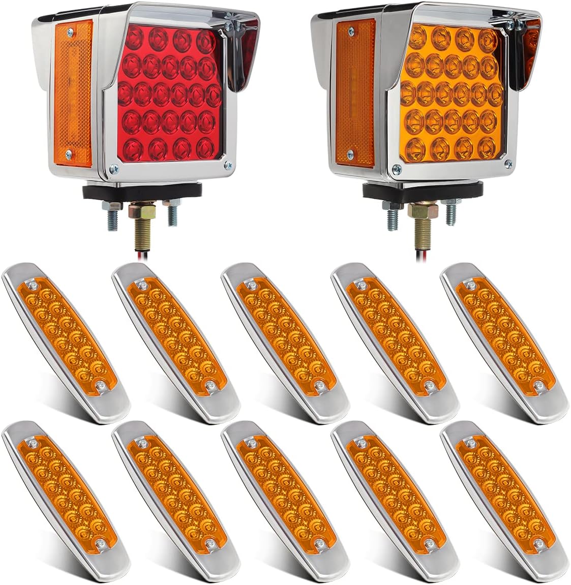 Partsam Pair Truck Trailer 52 LED Red/Amber Square Double Face Pedestal Fender Stop Turn Tail Lights Three Stud Mount Bezel Visor+10x 6.2 LED Marker Clearance Light 12LED Pigtail Amber Trailer Lights