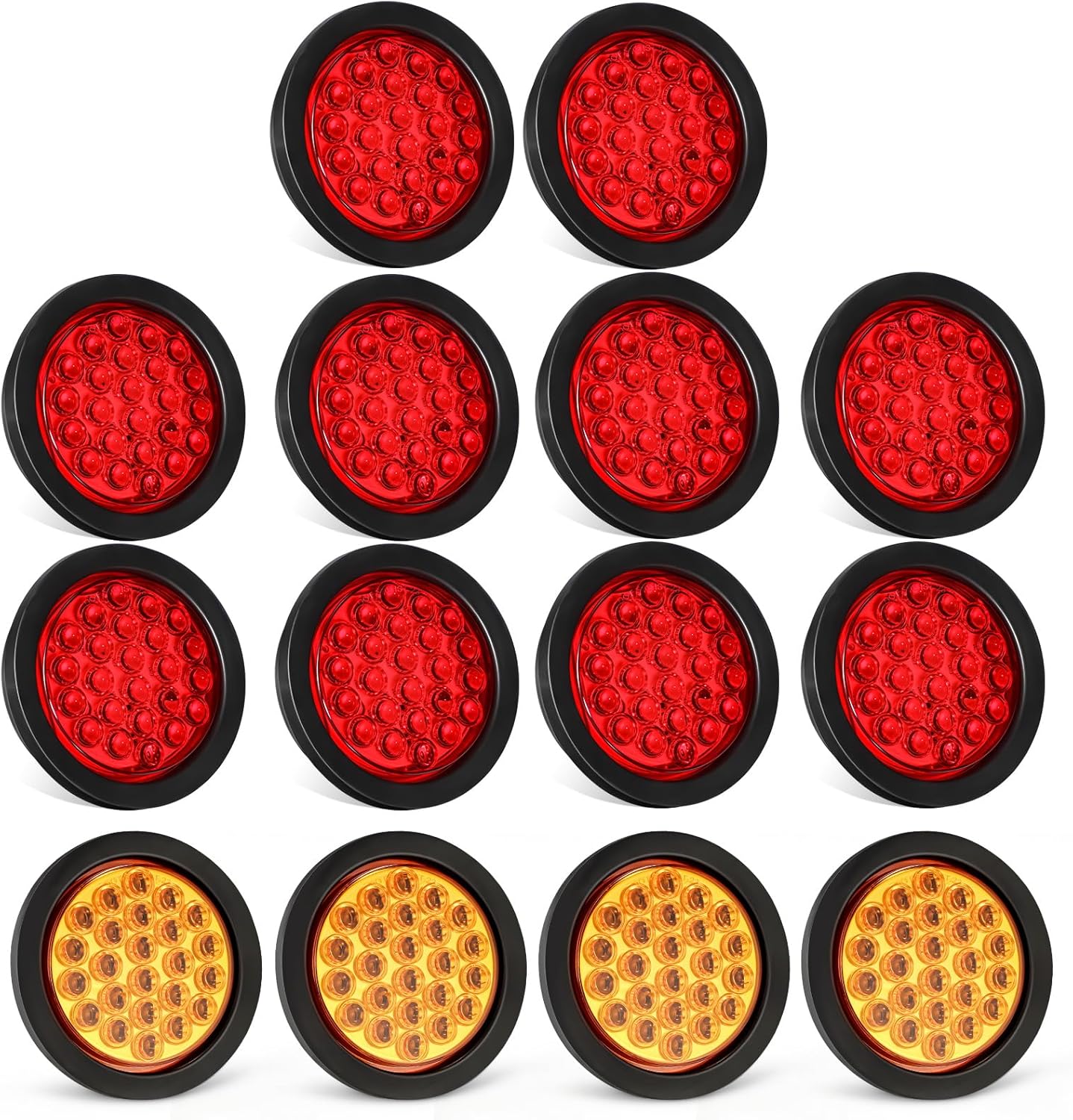 Partsam 4x 4 Inch Round Amber Strobe Lights 24 Diodes LED, 10Pcs 4 Inch Round LED Trailer Tail Lights Red 24LEDs Waterproof 12V Grommet Plug Included
