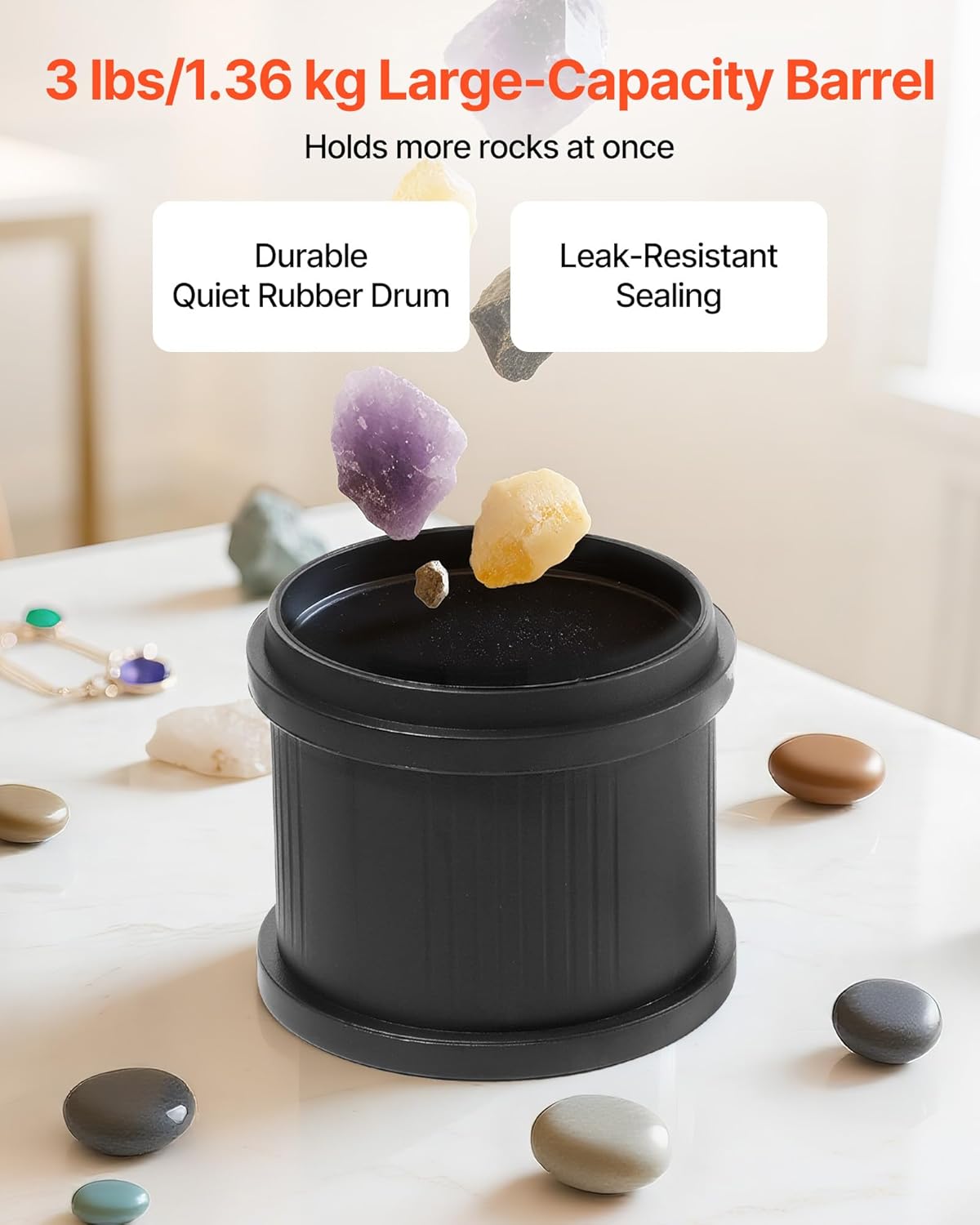 VEVOR Rock Tumbler, 3 lb Rock Polishing Machine, Rocks Tumbling Kit with 4-Speed Adjustment, 1–9 Day Timer, PC Sound Reduction Cover & TPU Drum, Direct Drive Motor Rocks Polishing, Quiet Operation
