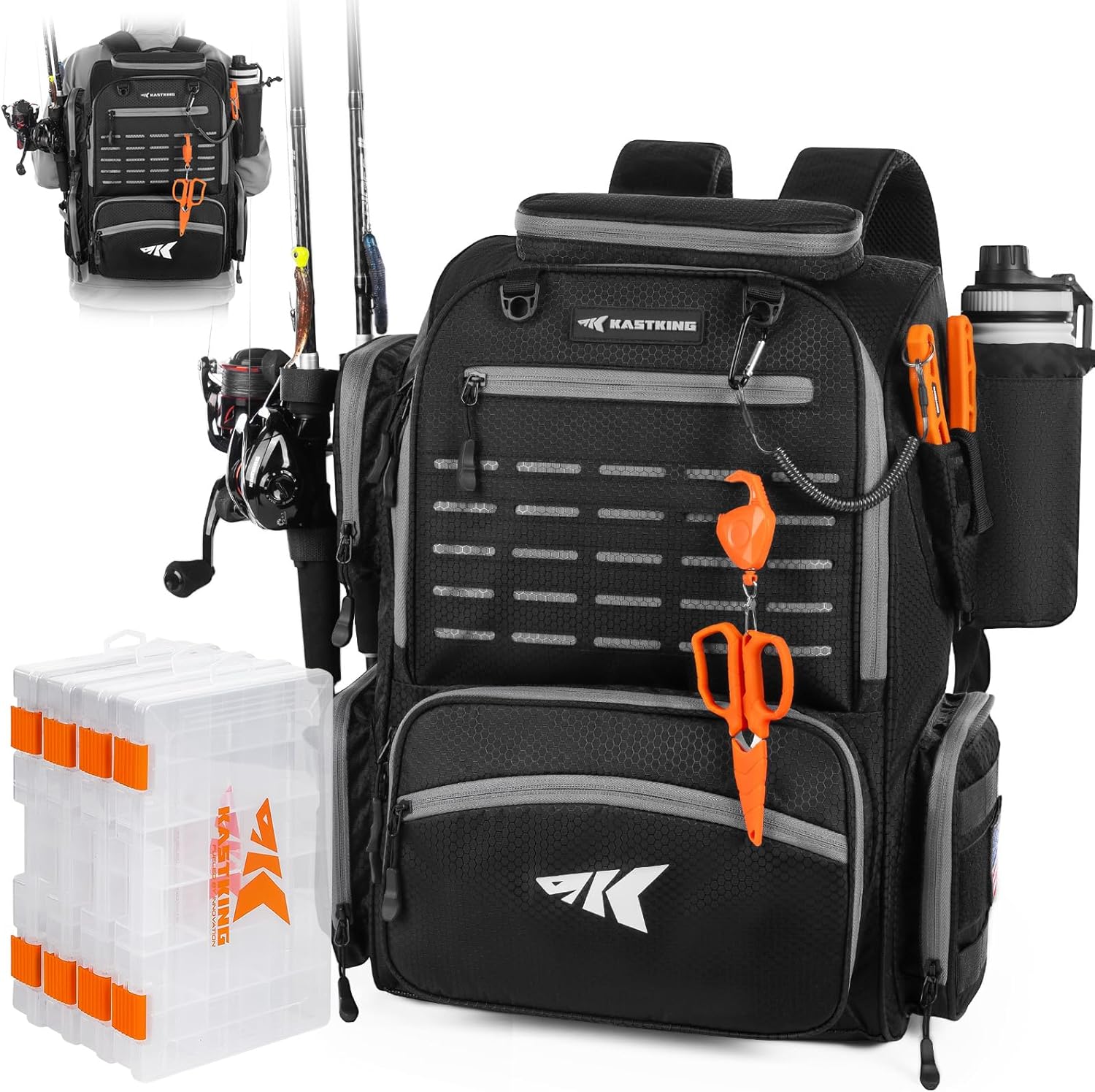 KastKing Bait Boss Fishing Tackle Backpack with Rod Holders-4 Tackle Boxes-Rain Cover,45/43L Large Storage for Fishing Gear