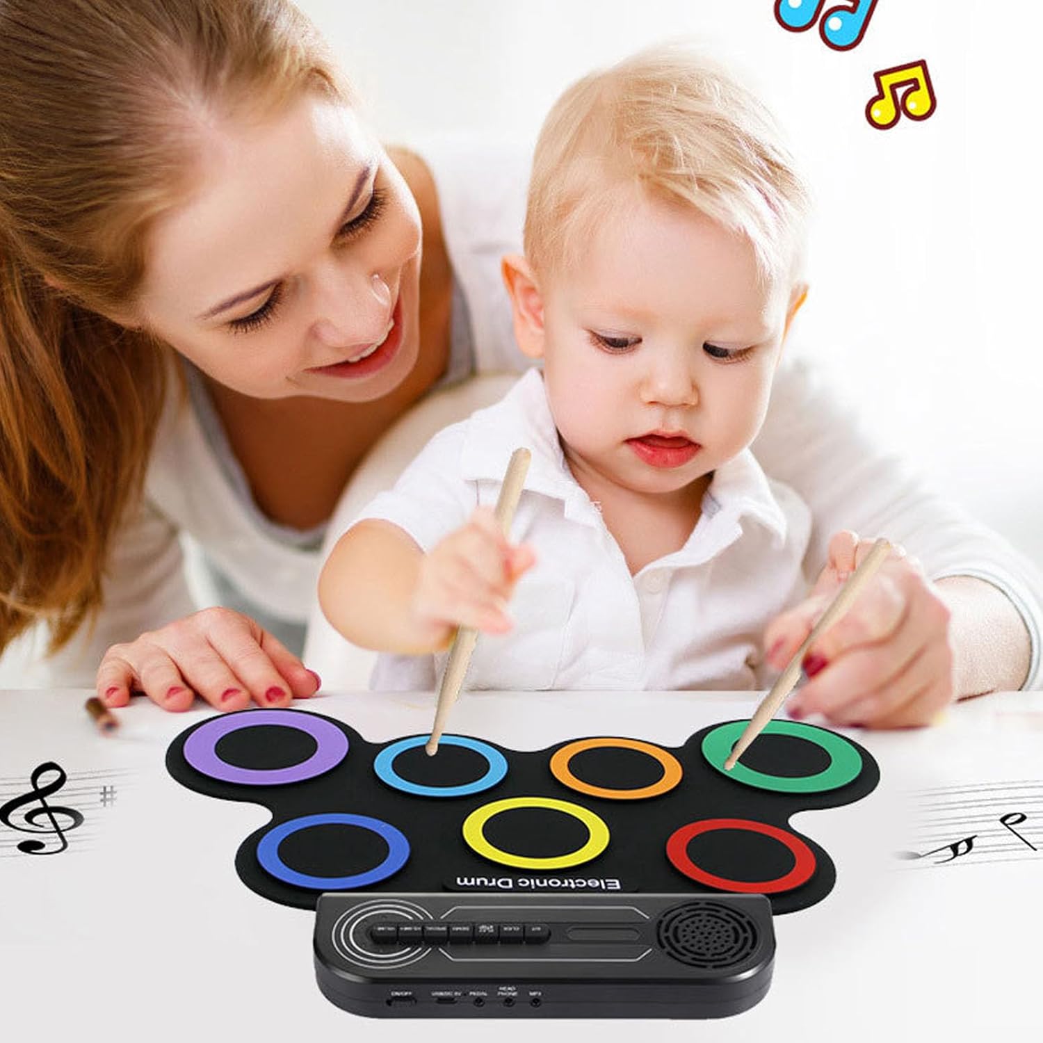 Jiawu Electronic Drum Set, 7 Pads Roll Up Electric Drum Pad Built in Speaker, Portable Drumming Practice Pad Machine with Pedals and Sticks, 10 Hours Playtime for Beginners