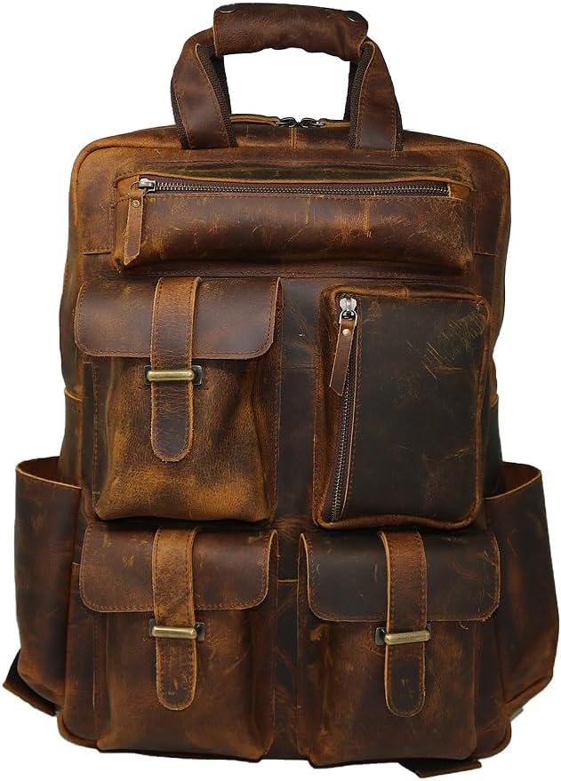 Jaald Leather Laptop Backpack Rucksack Multipocket Full Grain Leather Gaming Laptop Bag School Daypack For Men Anti-Theft Pocket Brown
