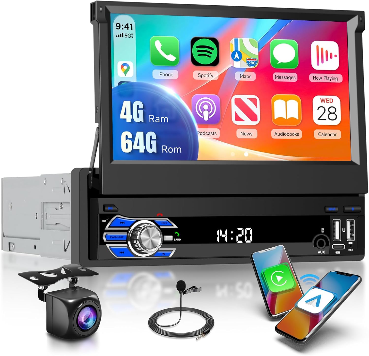 4G+64G Android 15 Single Din Car Stereo with Wireless Carplay Android Auto buil-in GPS Navi,7