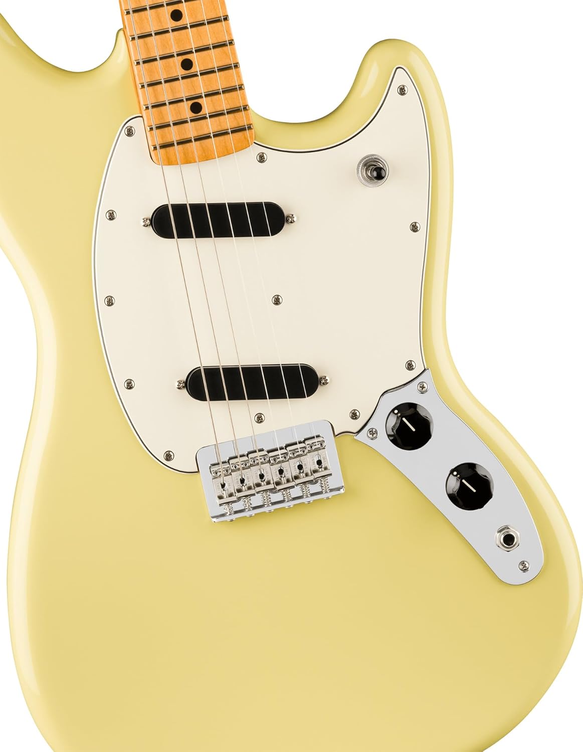 Fender Player II Mustang - Hialeah Yellow Bundle with Gig Bag, Strap, Cable, 3-Pack Picks and Guitar Cleaning Kit