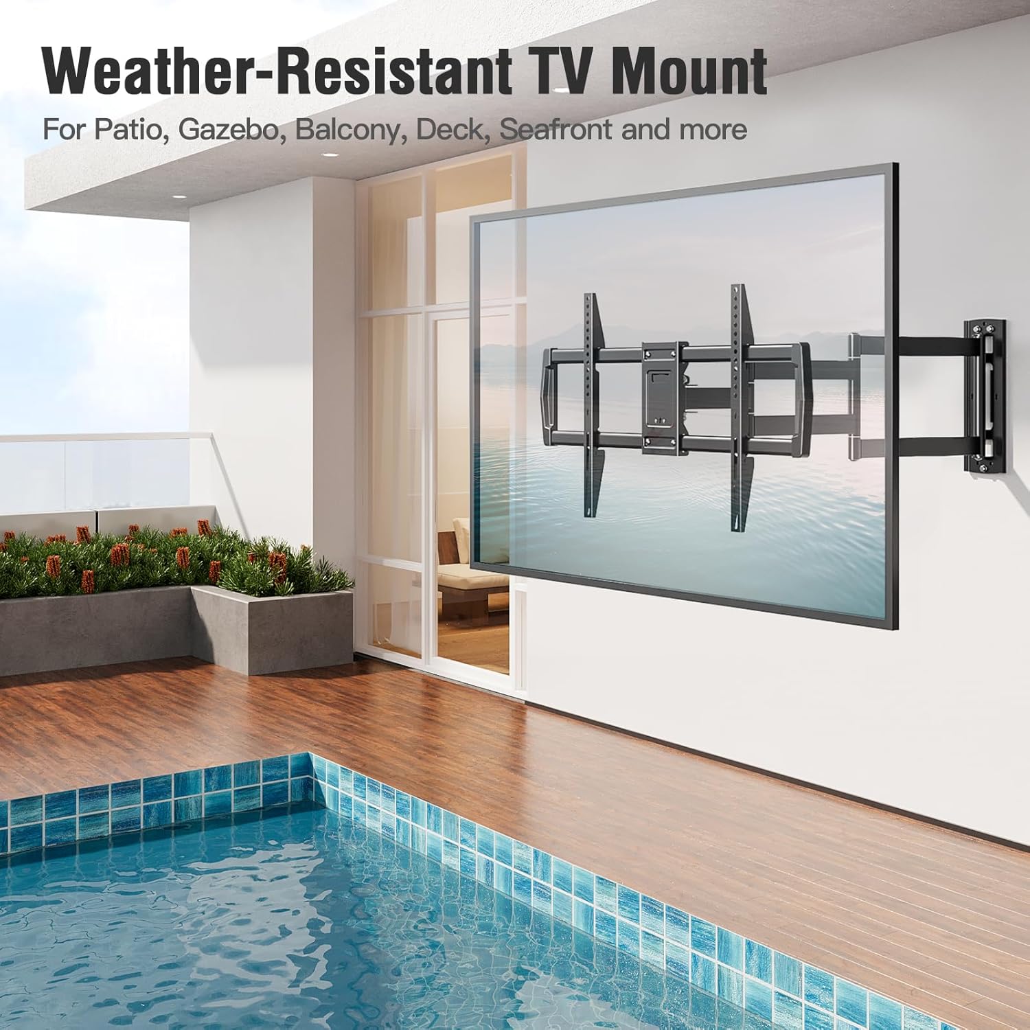 ELIVED Outdoor Long Arm TV Wall Mount for Most 42-75 Inch TVs, 37.9 Inch Long Extension Corner TV Mount, Weatherproof Full Motion tv Bracket Anti-Rust for Patio, Holds 99 lbs. Max VESA 600x400mm