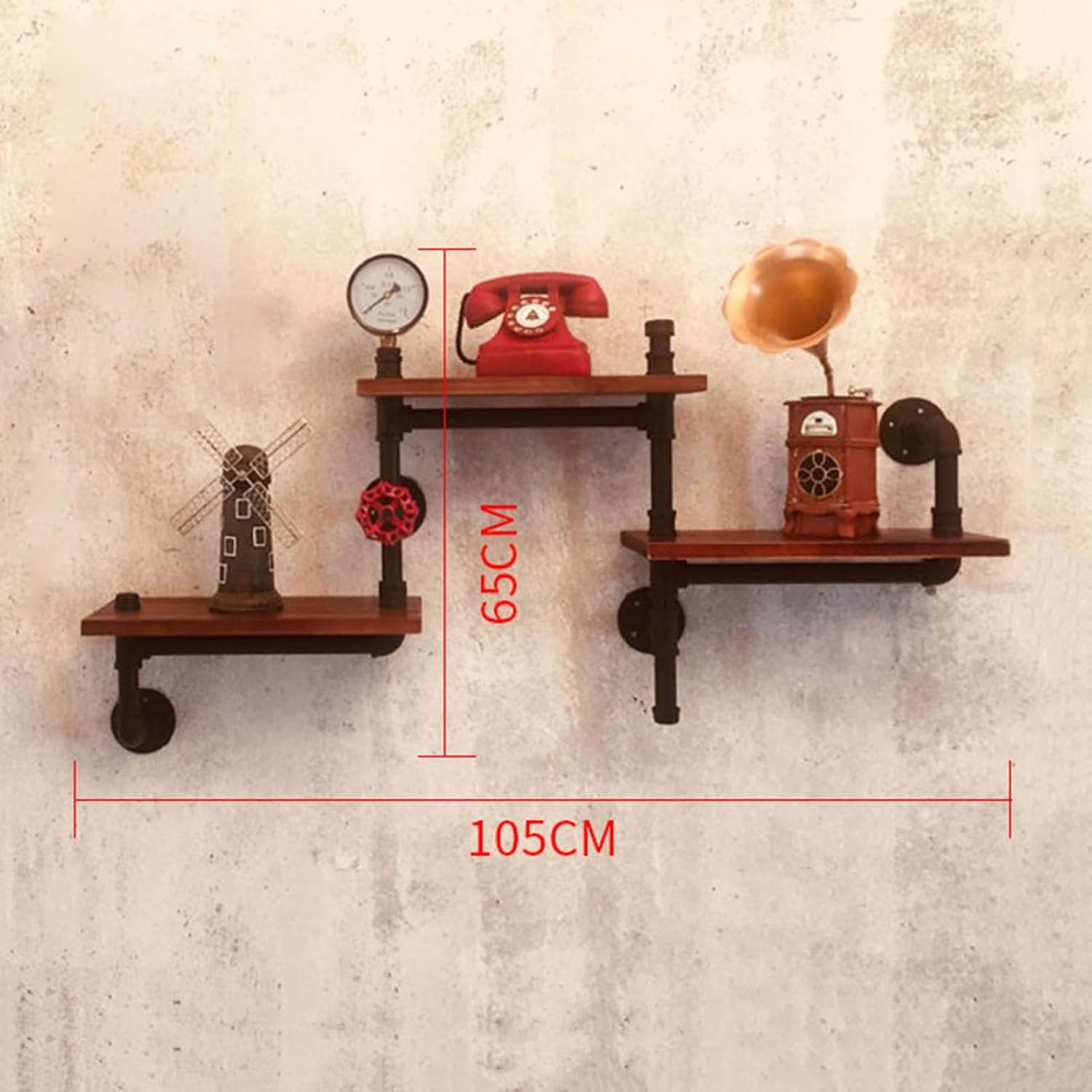 Rustic Floating Shelves Wood Industrial Iron Pipe Shelf Wall Mount Bookshelf Storage Floating Shelf Shelving (Color : 105x65x20cm, Size : Retro Color)